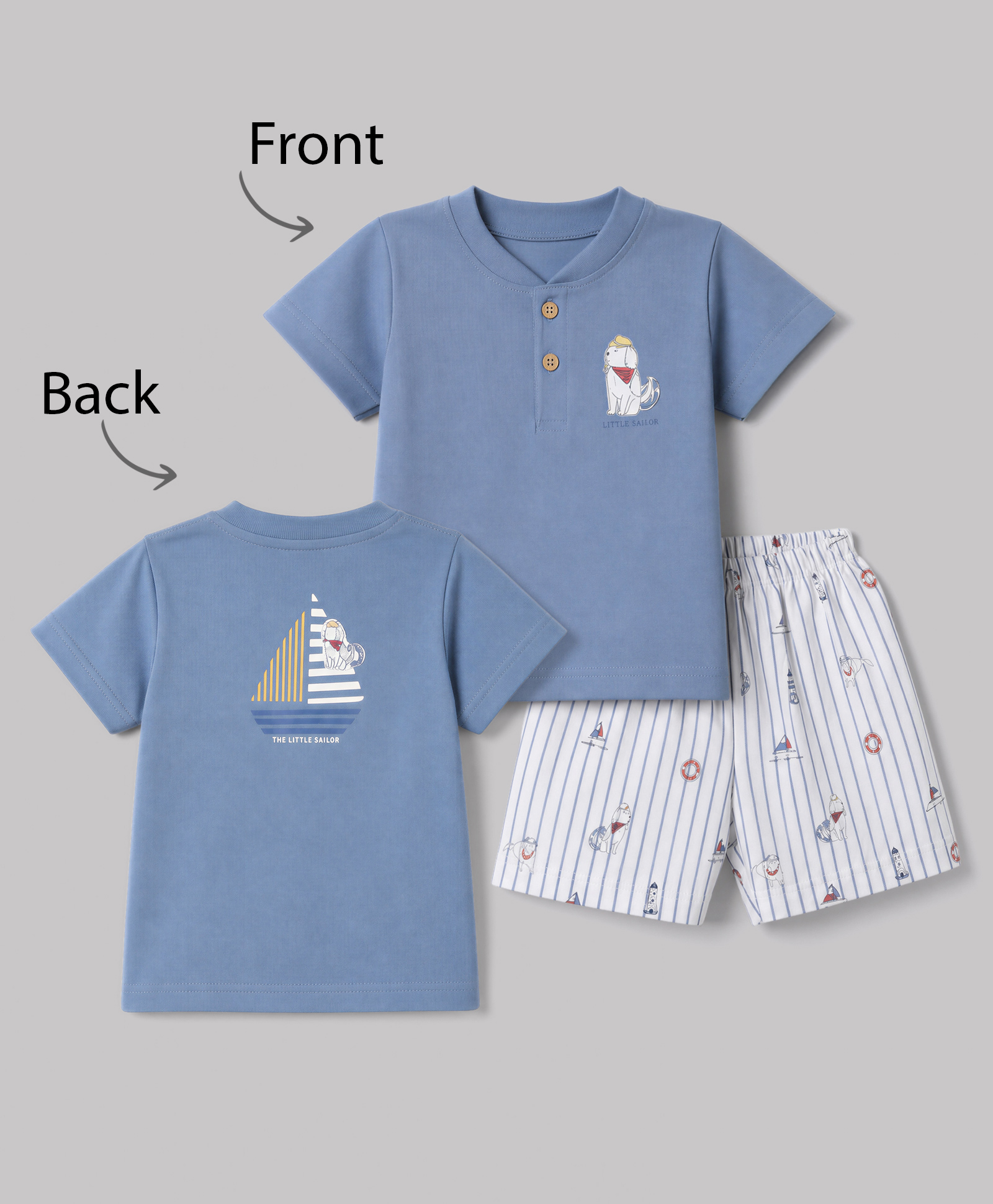 Zero Sinker Knit Half Sleeves Front & Back The Little Sailor Dog Printed T-Shirt & Shorts Night Suit - Blue & White-image-6