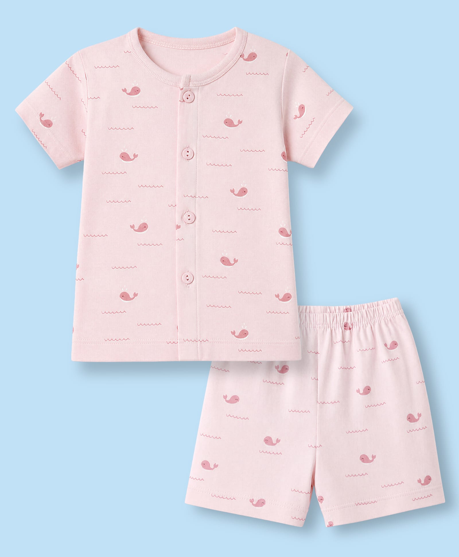 Zero Sinker Knit Half Sleeves Co-Ords T-Shirt & Shorts Night Suit with Whale Print - Pink-picture-39