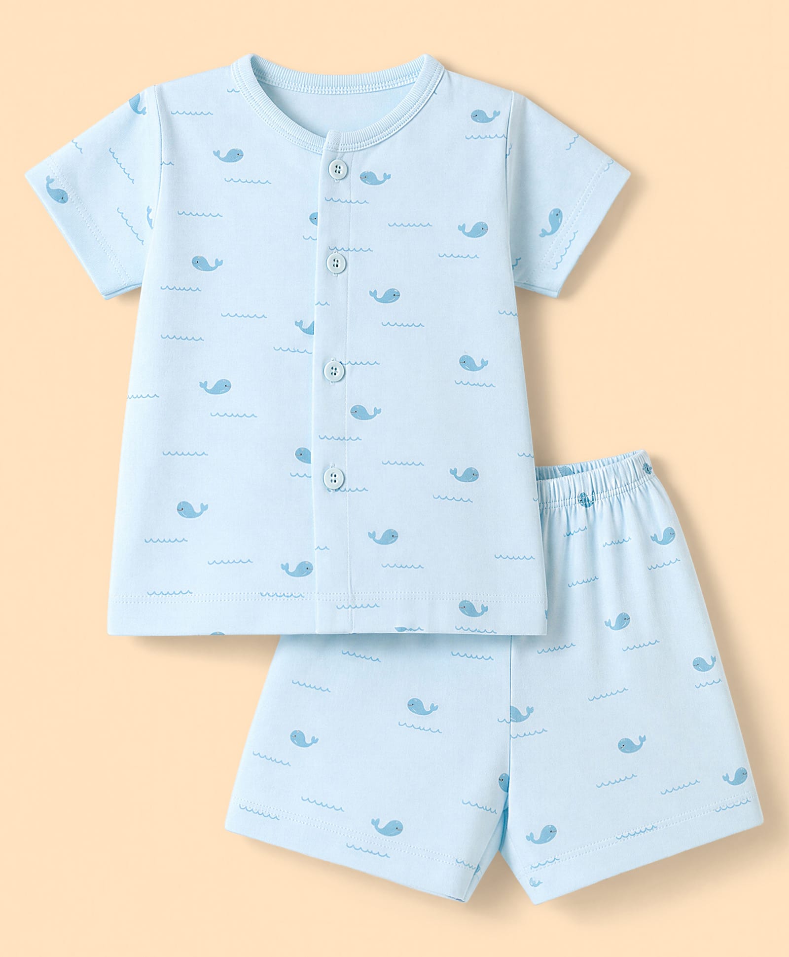 Zero Sinker Knit Half Sleeves Co-Ords T-Shirt & Shorts Night Suit with Whale Print - Sky Blue-picture-19