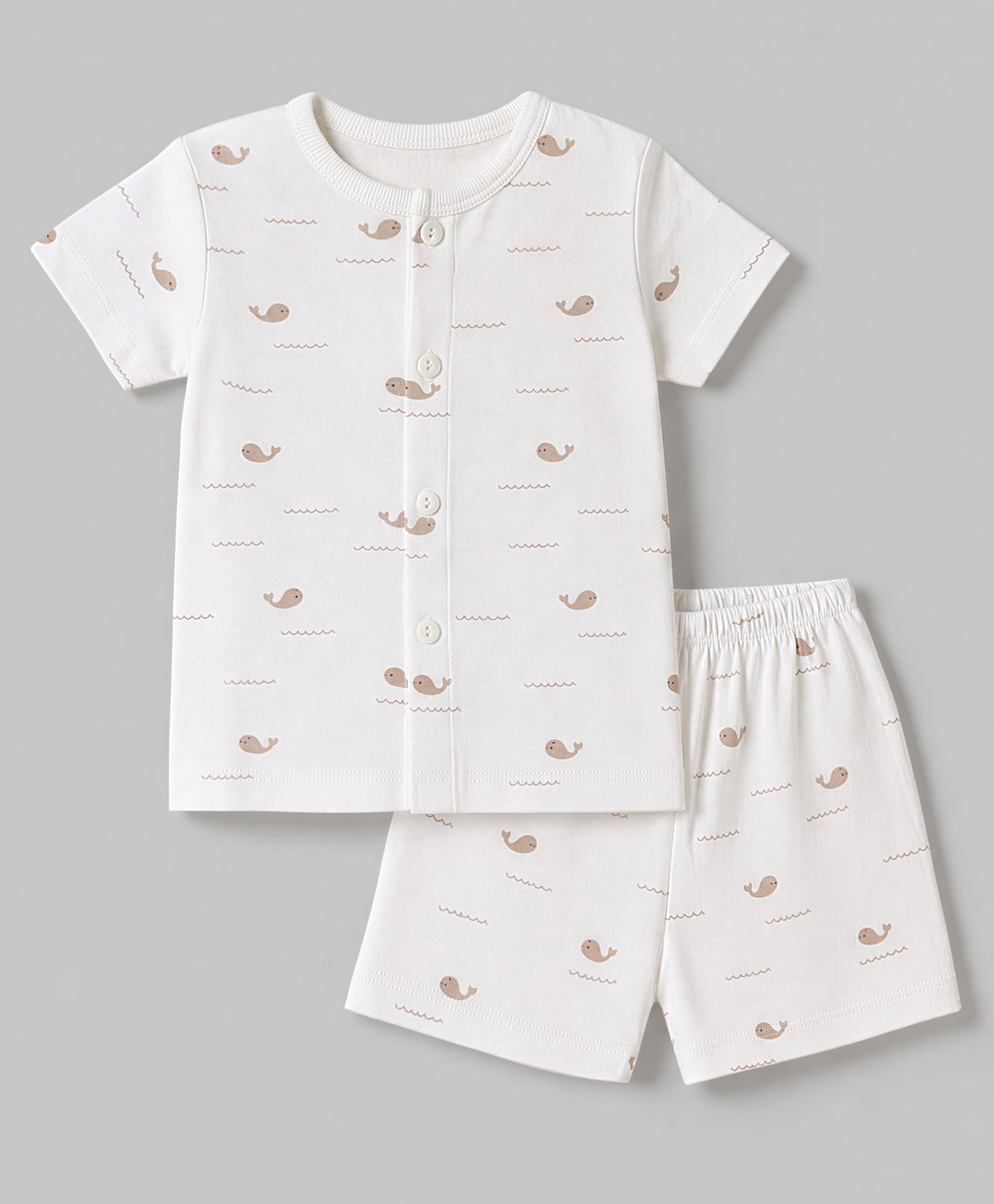 Zero Sinker Knit Half Sleeves Co-Ords T-Shirt & Shorts Night Suit with Whale Print - White-picture-40