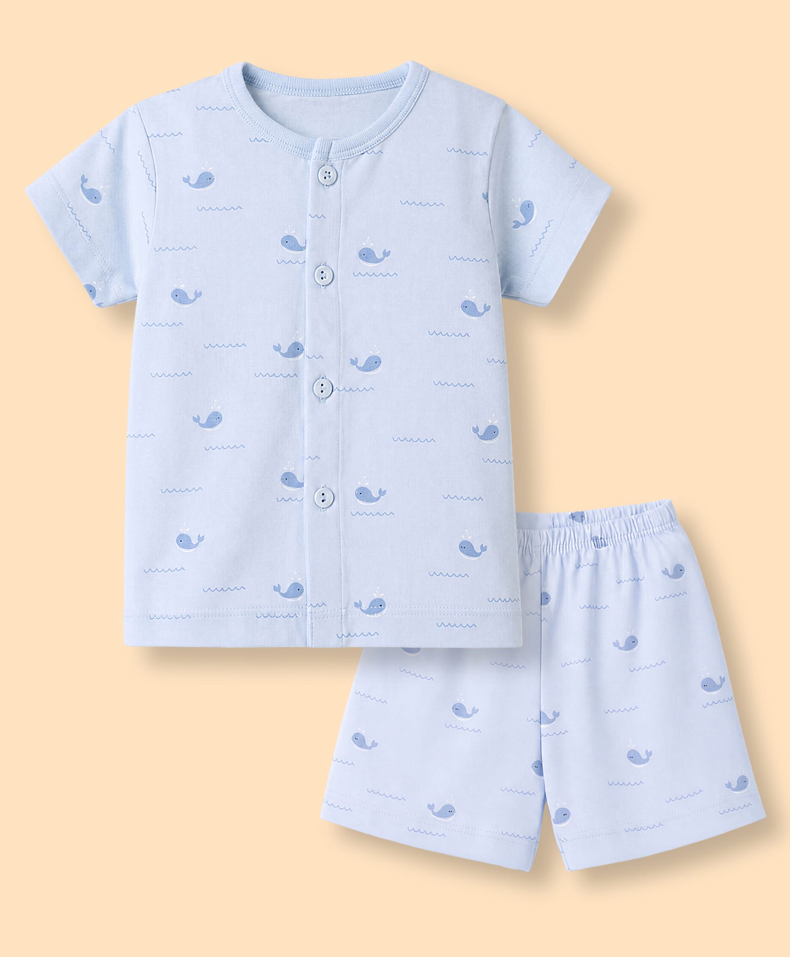 Zero Sinker Knit Half Sleeves Co-Ords T-Shirt & Shorts Night Suit with Whale Print - Blue-picture-24