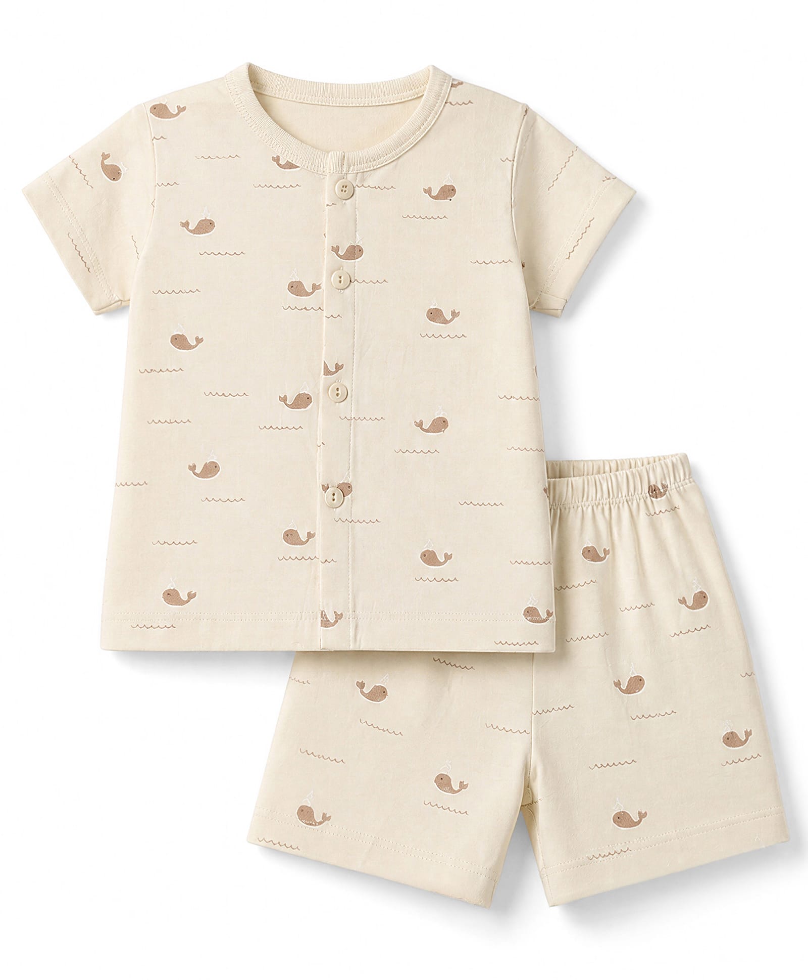 Zero Sinker Knit Half Sleeves Co-Ords T-Shirt & Shorts Night Suit with Whale Print - Beige-picture-29