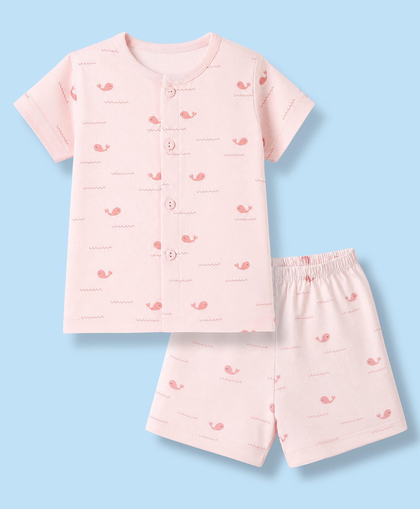 Zero Sinker Knit Half Sleeves Co-Ords T-Shirt & Shorts Night Suit with Whale Print - Peach-picture-15