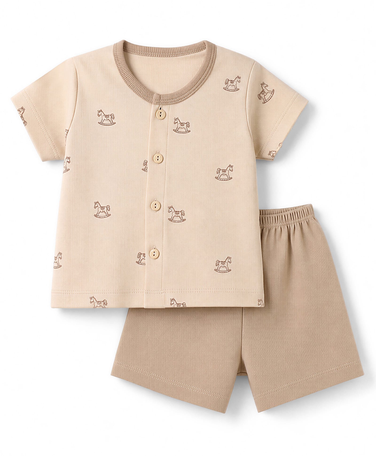 Zero Sinker Knit Half Sleeves T-Shirt & Shorts Night Suit with Horse Print - Beige-picture-29