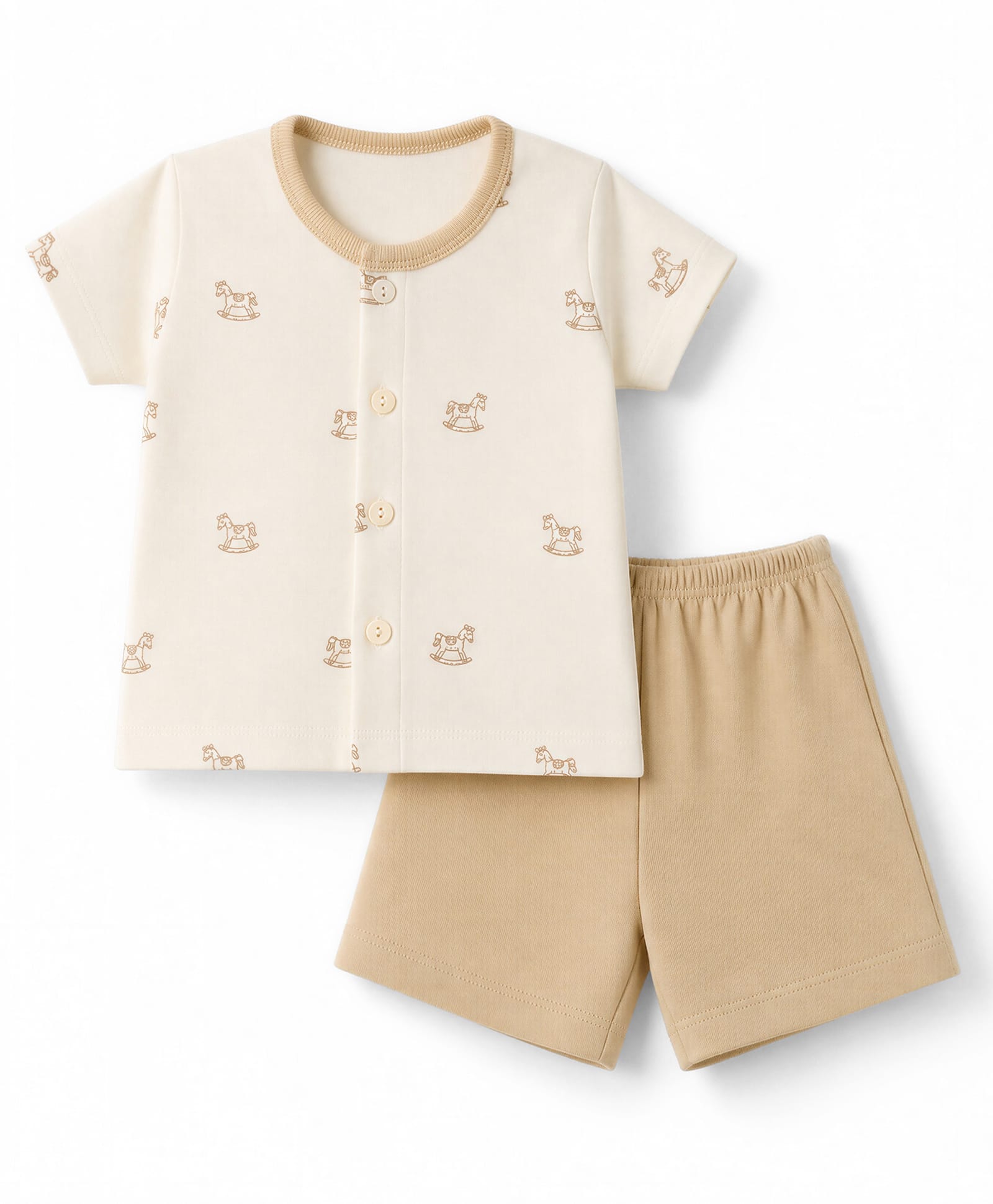 Zero Sinker Knit Half Sleeves T-Shirt & Shorts Night Suit with Horse Print - Cream-picture-21