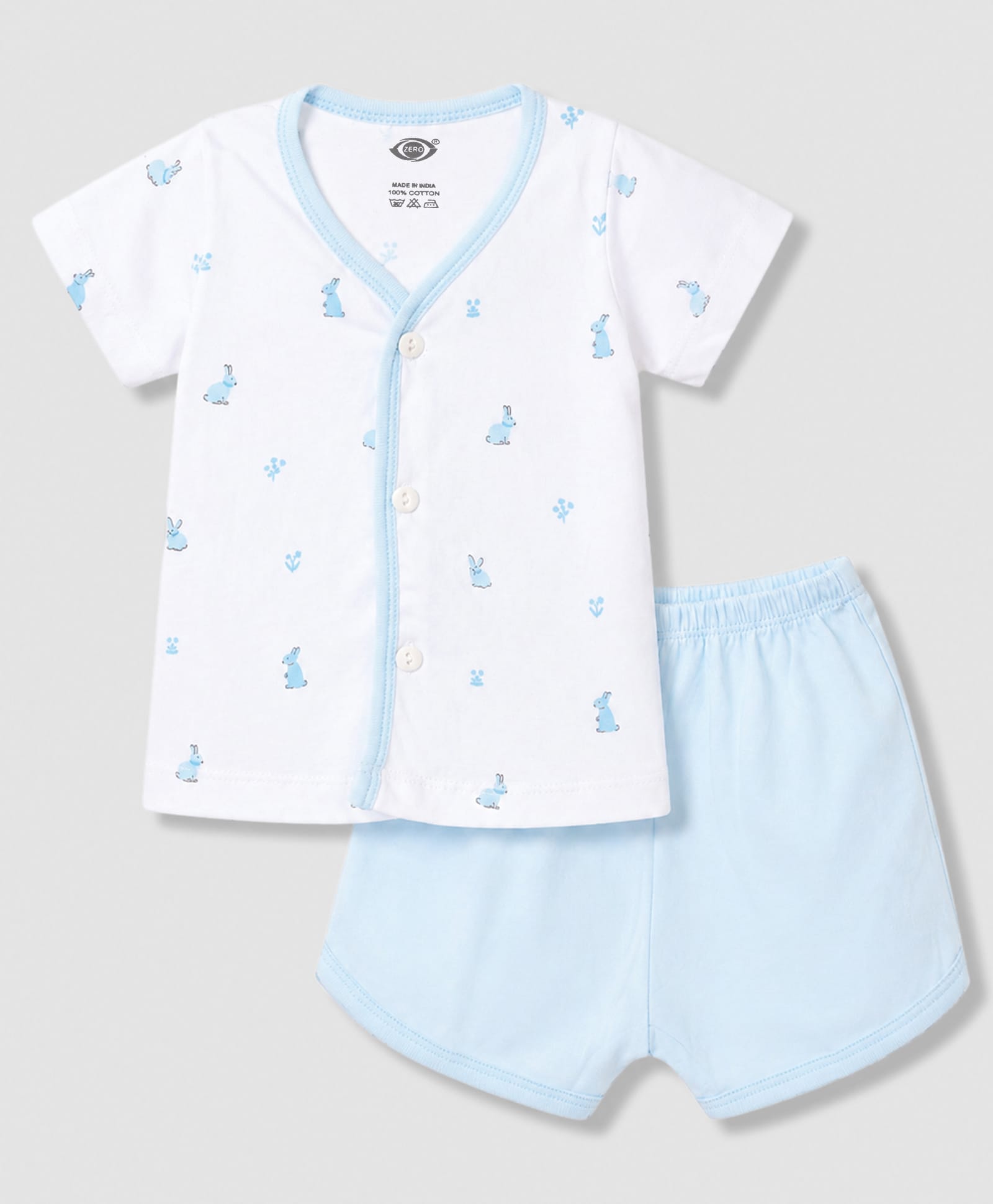 Zero Sinker Knit Half Sleeves T-Shirt & Shorts Night Suit with Rabbit & Floral Print - White & Blue-image-1