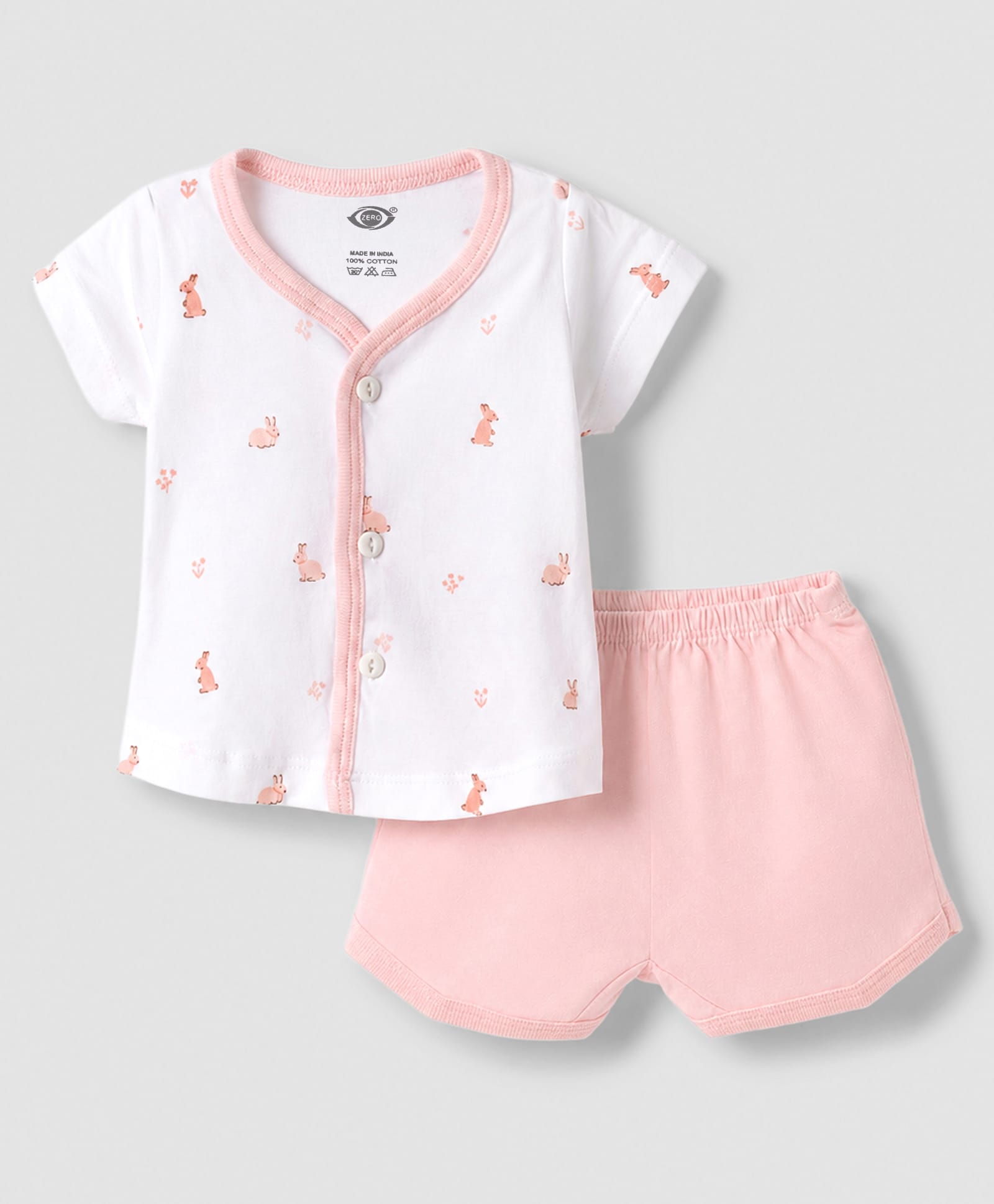 Zero Sinker Knit Half Sleeves T-Shirt & Shorts Night Suit with Rabbit & Floral Print - White & Peach-picture-22
