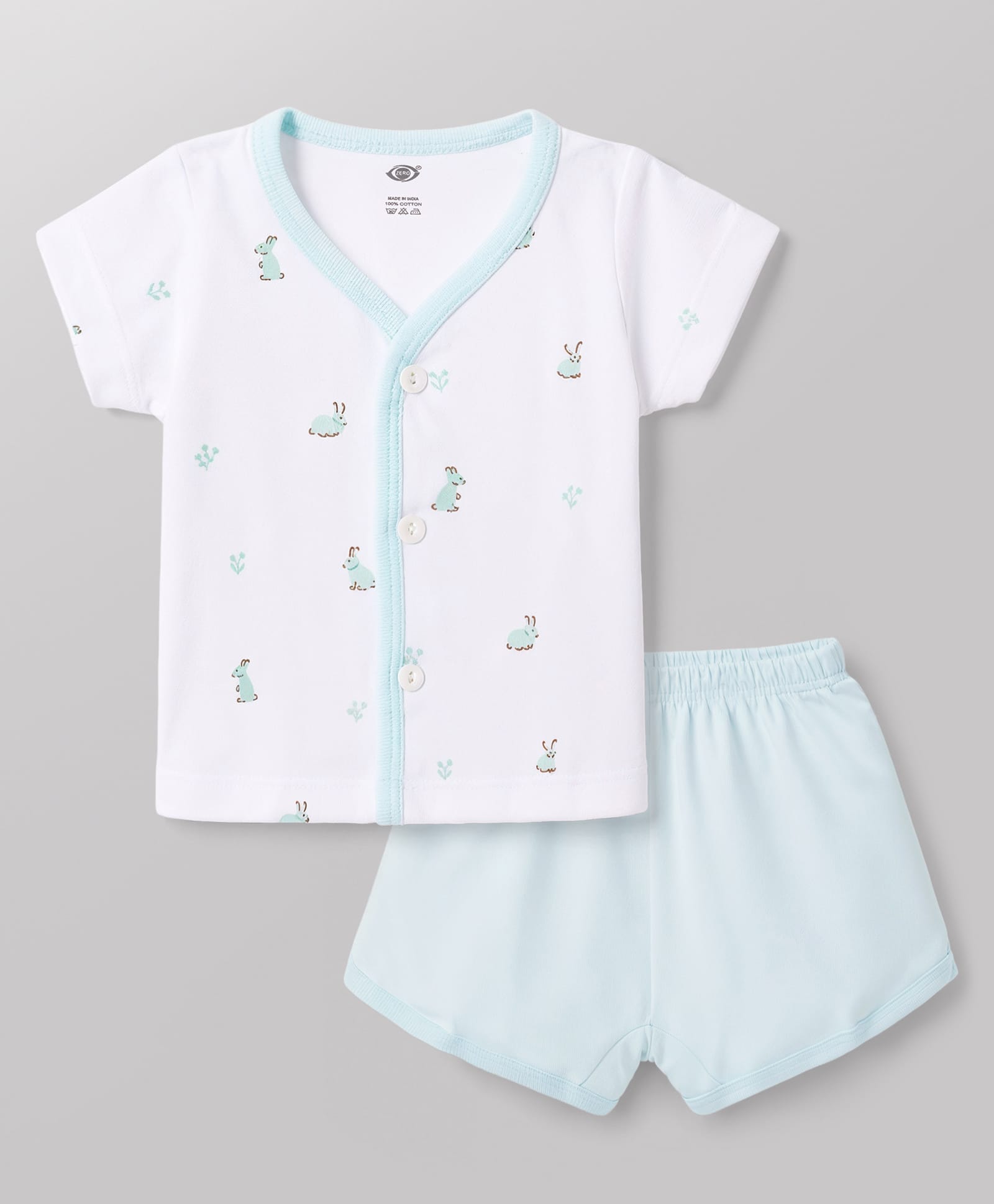 Zero Sinker Knit Half Sleeves T-Shirt & Shorts Night Suit with Rabbit & Floral Print - White & Sea Green-image-17