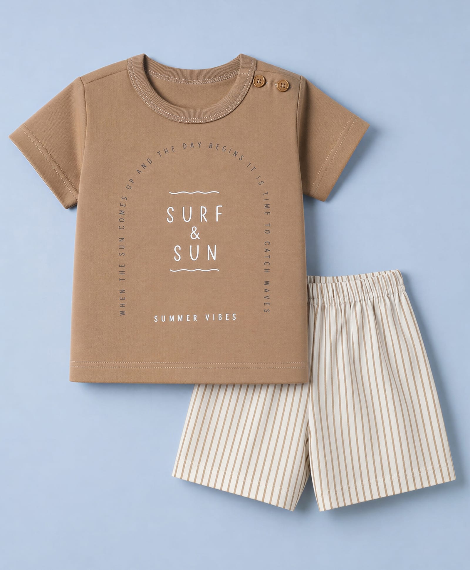 Zero Sinker Knit Half Sleeves T-Shirt and Striped Shorts Set with Surf& Sun Print - Brown & White-image-15