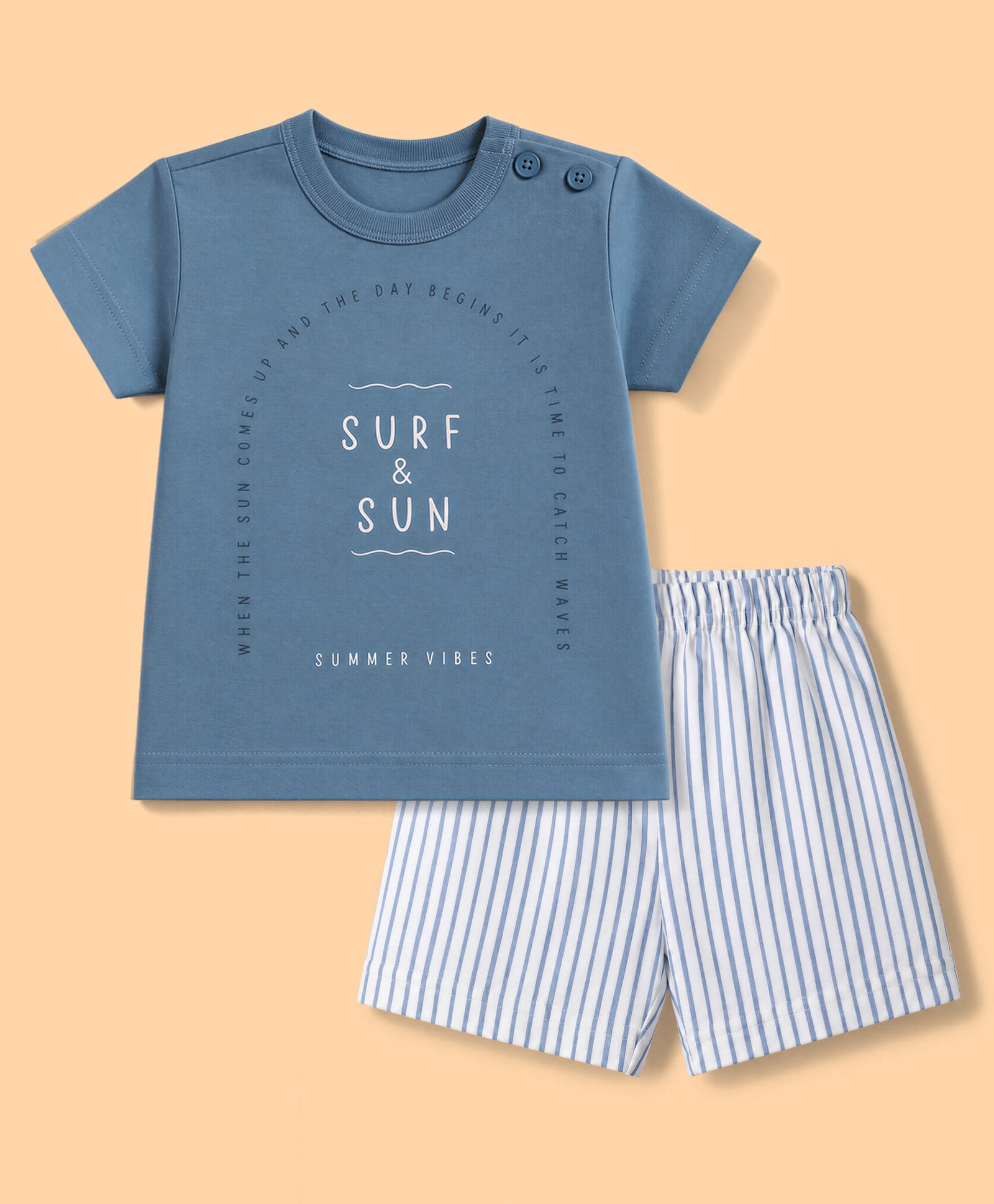 Zero Sinker Knit Half Sleeves T-Shirt and Striped Shorts Set with Surf & Sun Print - Blue & White-picture-17