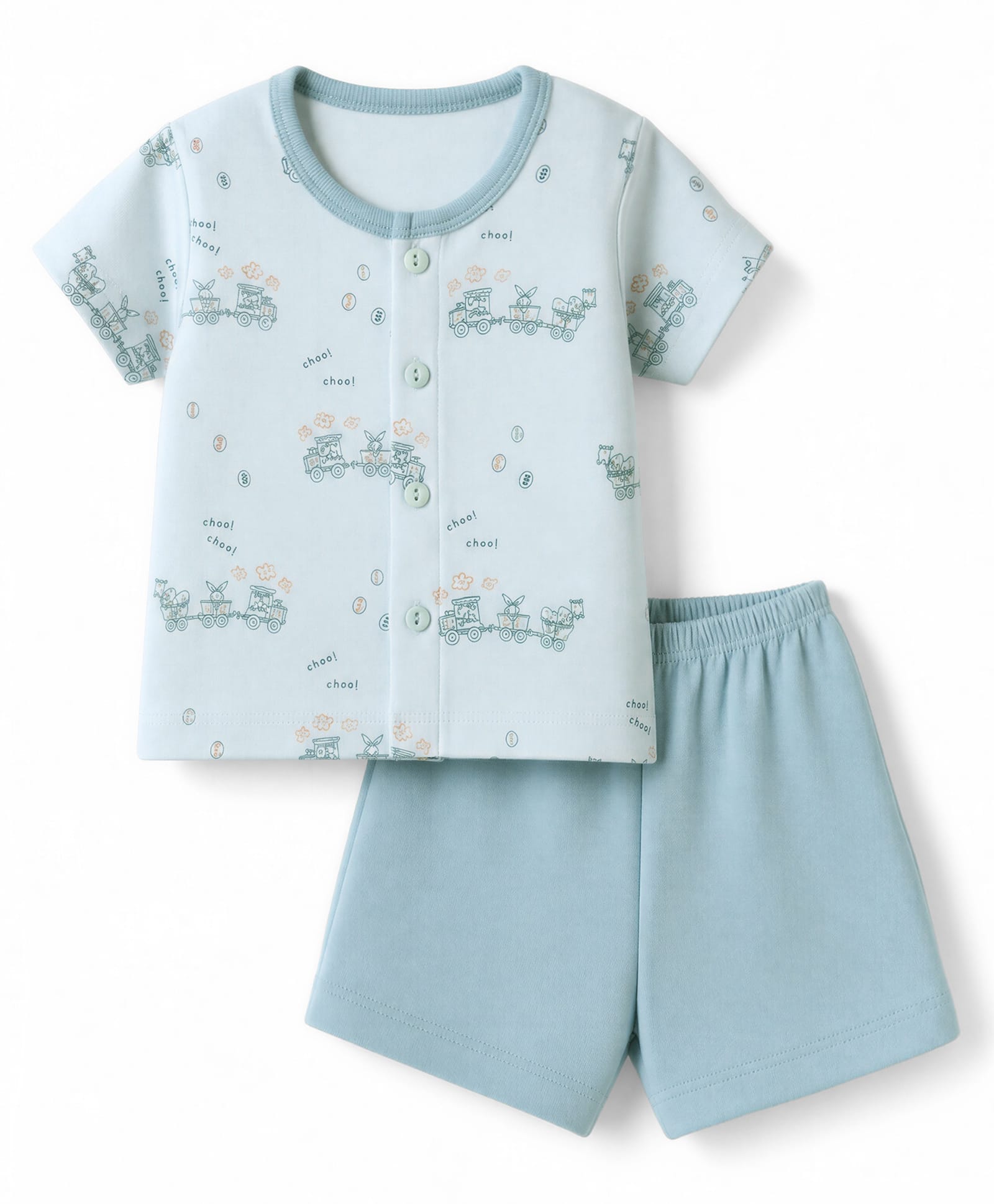 Zero Sinker Knit Half Sleeves T-Shirt & Shorts Night Suit with Train & Animal Print - Aqua Blue-picture-1
