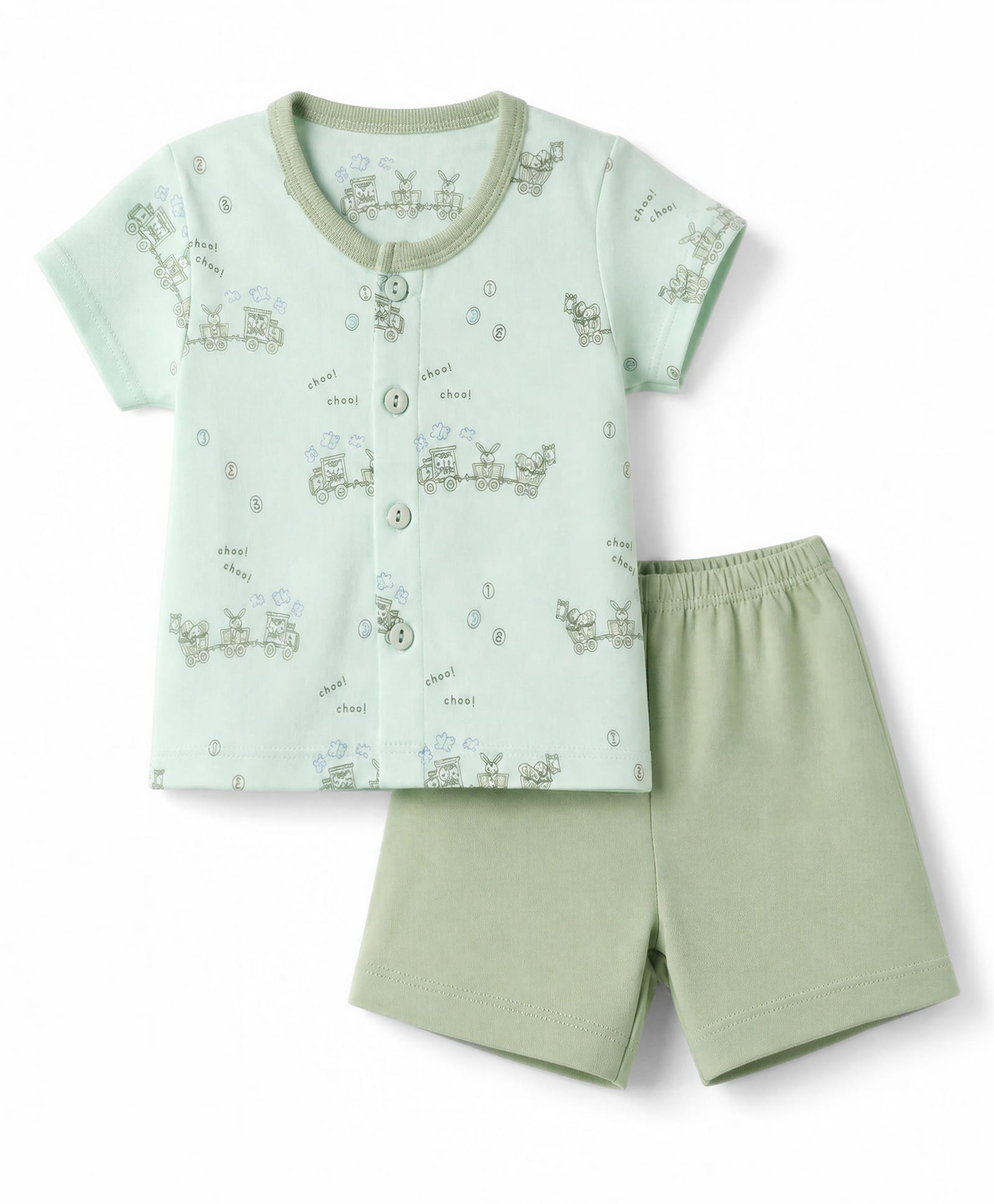 Zero Sinker Knit Half Sleeves T-Shirt & Shorts Night Suit with Train & Animal Print - Mint-picture-10