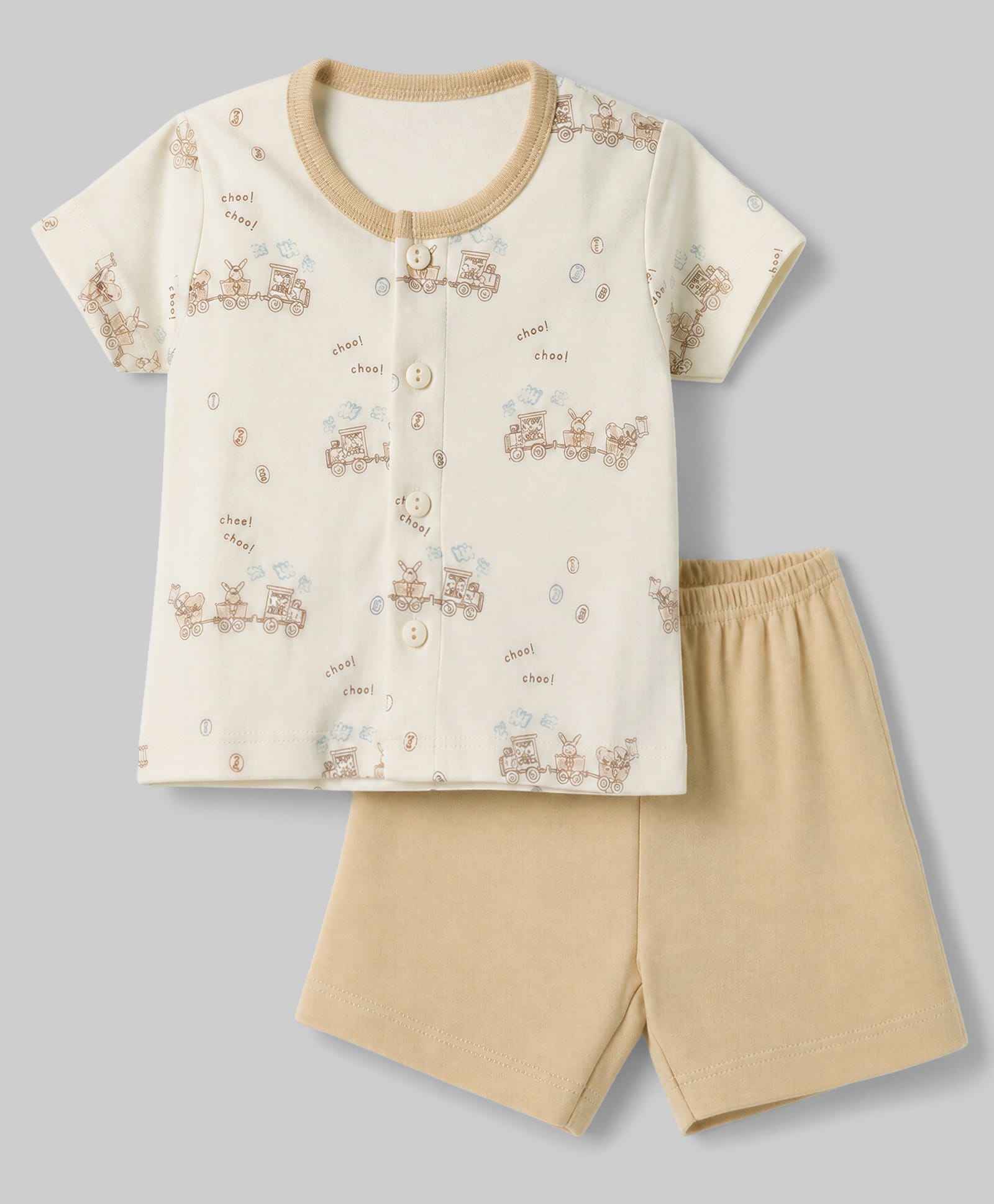 Zero Sinker Knit Half Sleeves T-Shirt & Shorts Night Suit with Train & Animal Print - Cream-image-24