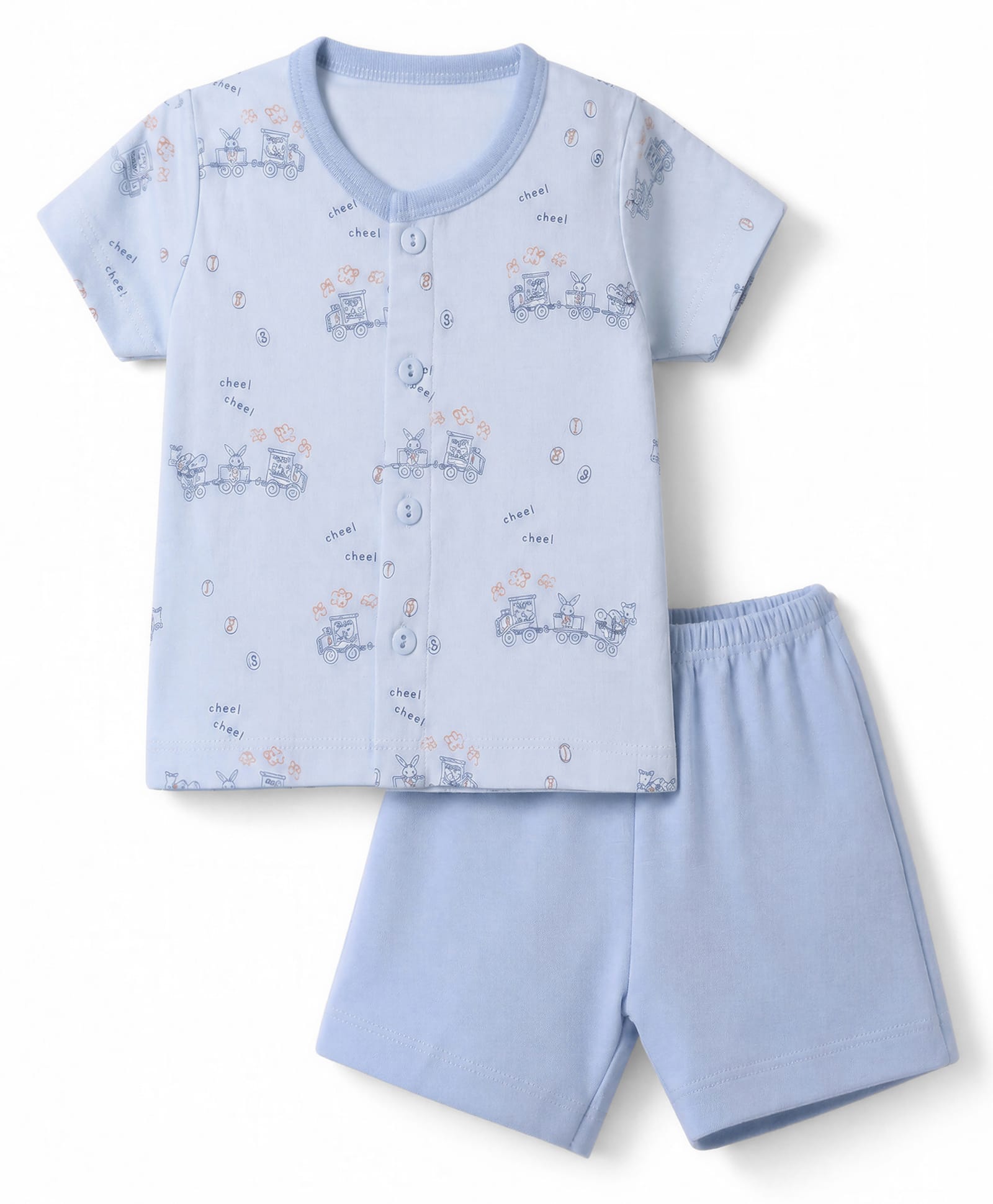 Zero Sinker Knit Half Sleeves T-Shirt & Shorts Night Suit with Train & Animal Print - Sky Blue-picture-28