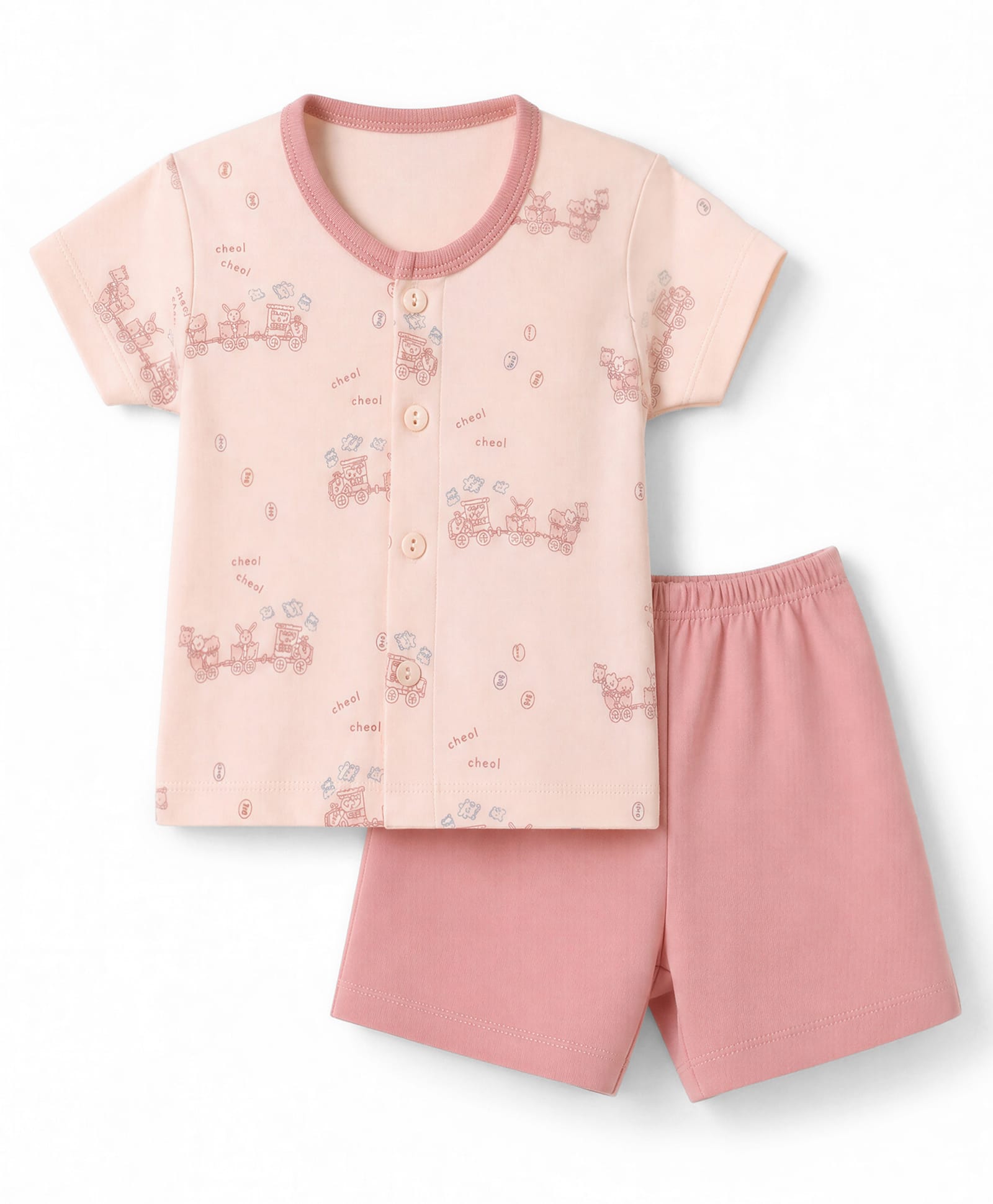 Zero Sinker Knit Half Sleeves T-Shirt & Shorts Night Suit with Train & Animal Print - Dark Peach-picture-13