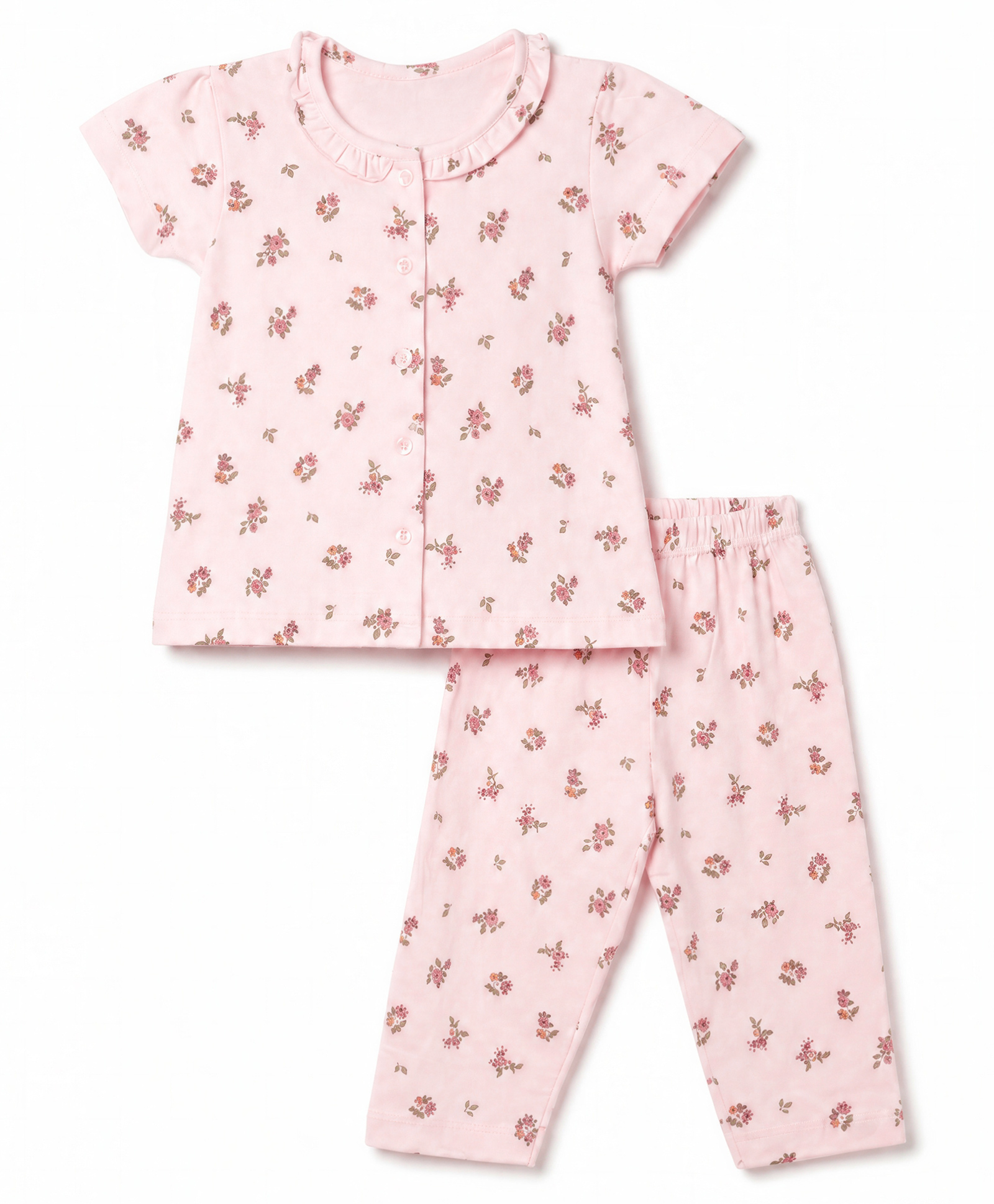 Zero Sinker Knit Full Sleeves Co-Ords T-Shirt & Pyjama Night Suit with Floral Print- Baby Pink-picture-20