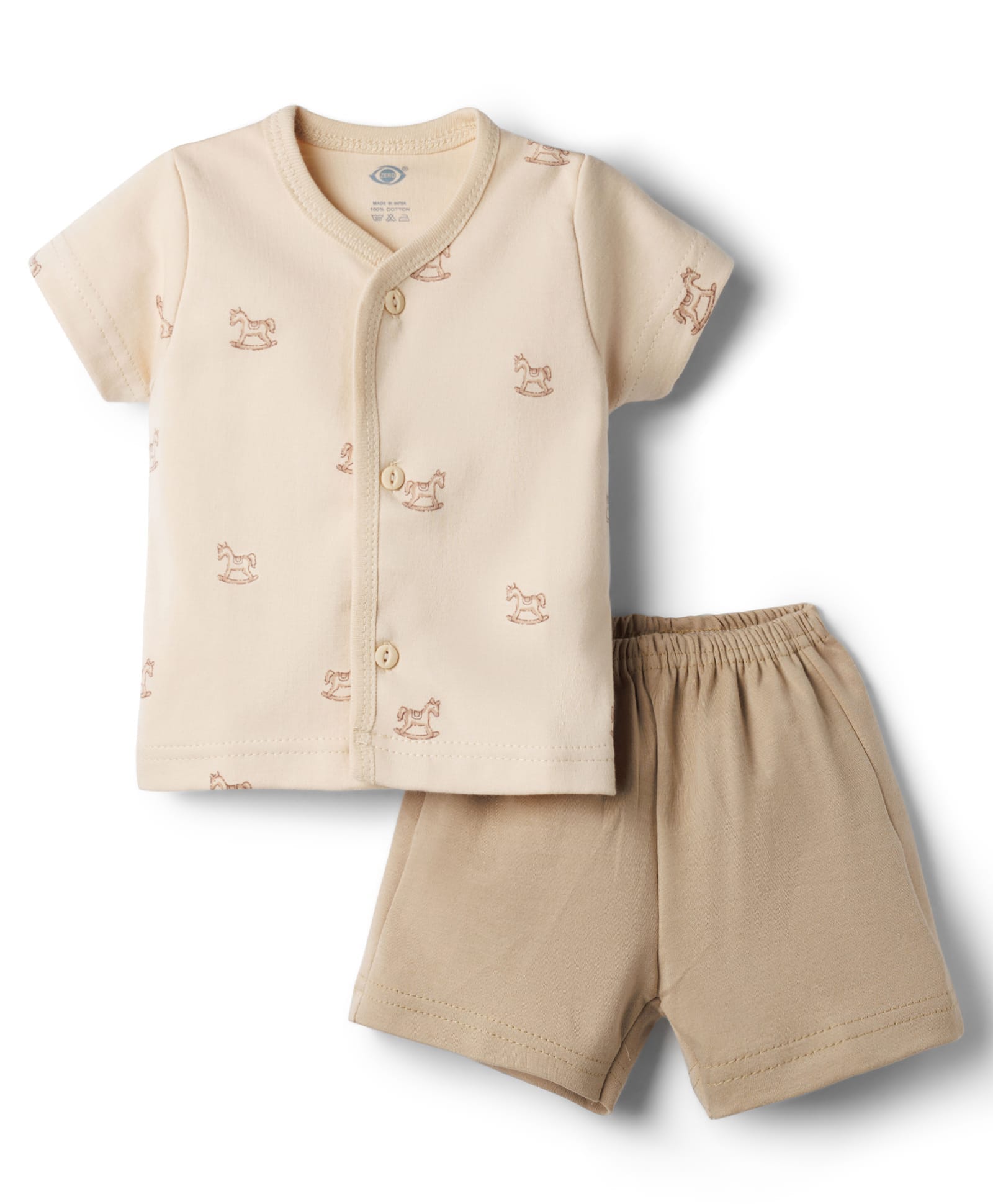 Zero Sinker Knit Half Sleeves T-Shirt & Shorts Night Suit With Horse Print - Light Brown & Beige-picture-27