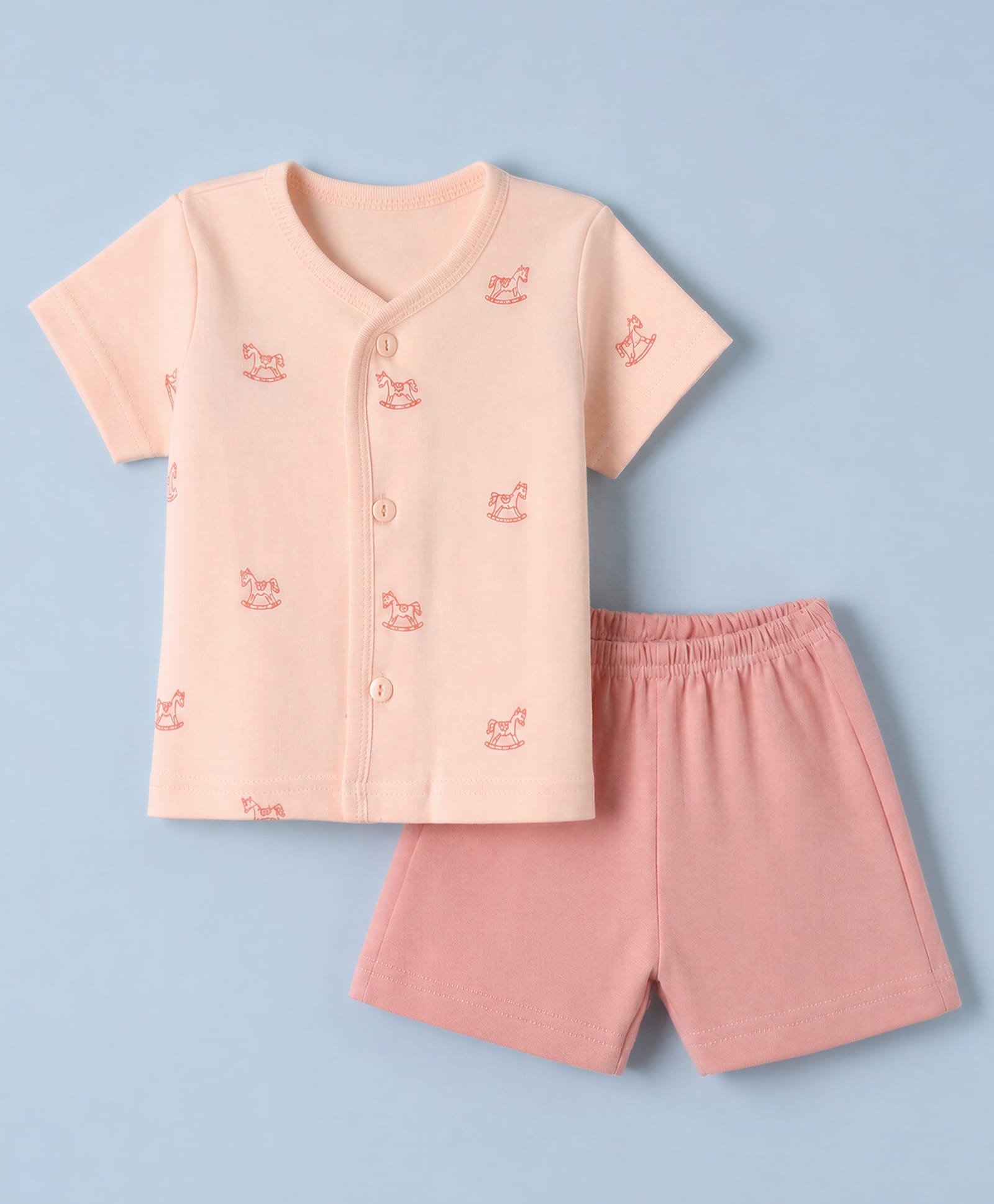 Zero Sinker Knit Half Sleeves T-Shirt & Shorts Night Suit With Horse Print - Peach-picture-23