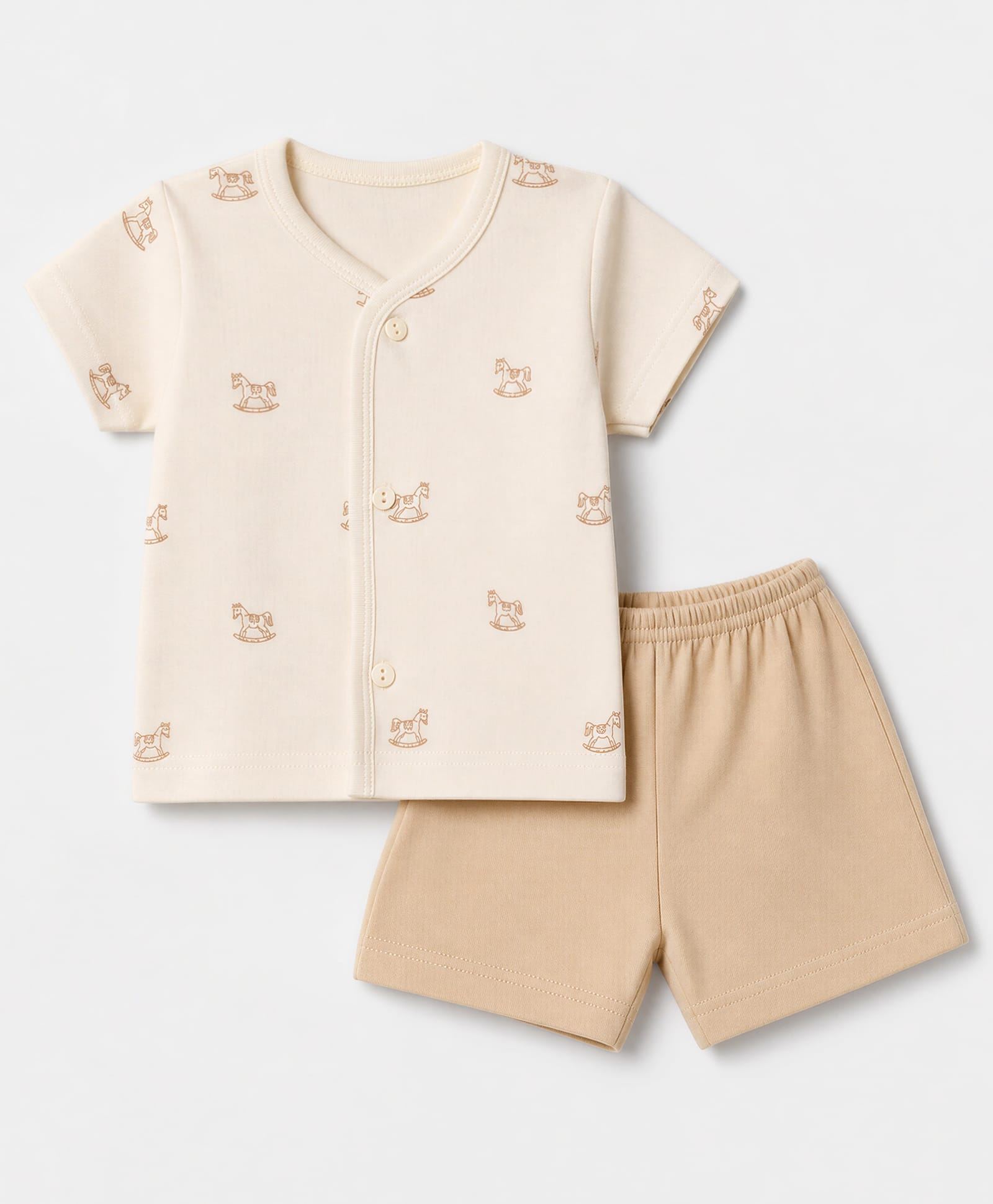 Zero Sinker Knit Half Sleeves T-Shirt & Shorts Night Suit with Horse Print - Cream-picture-6