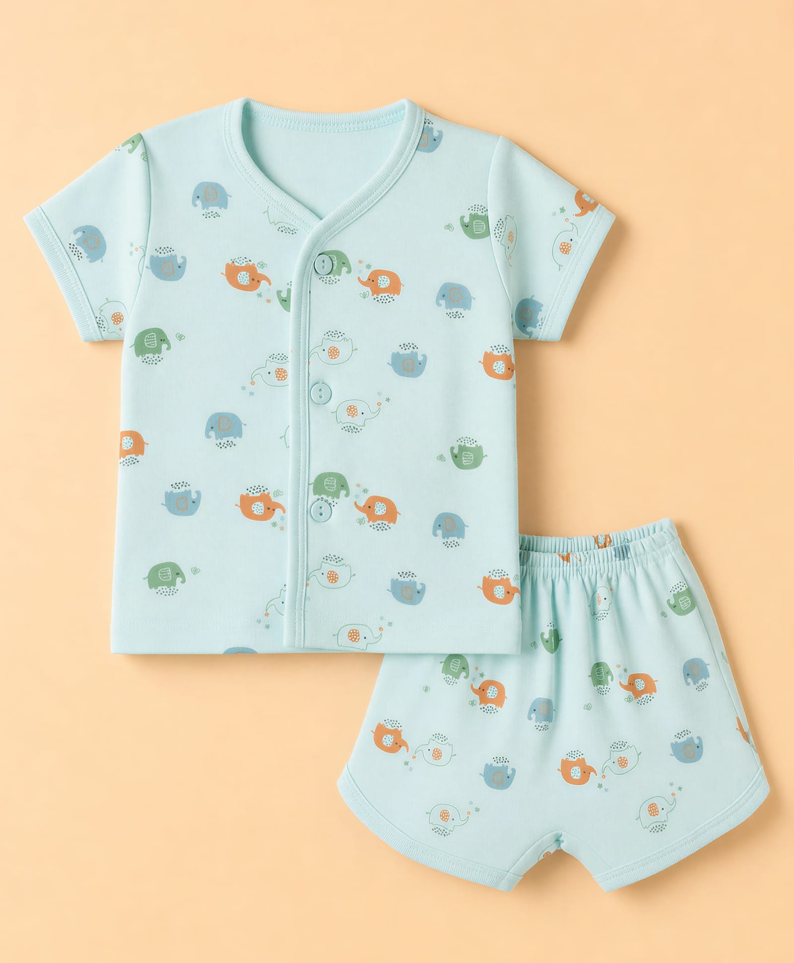 Zero Sinker Knit Half Sleeves T-Shirt & Shorts Night Suit With Elephant Print - Sea Green-picture-26