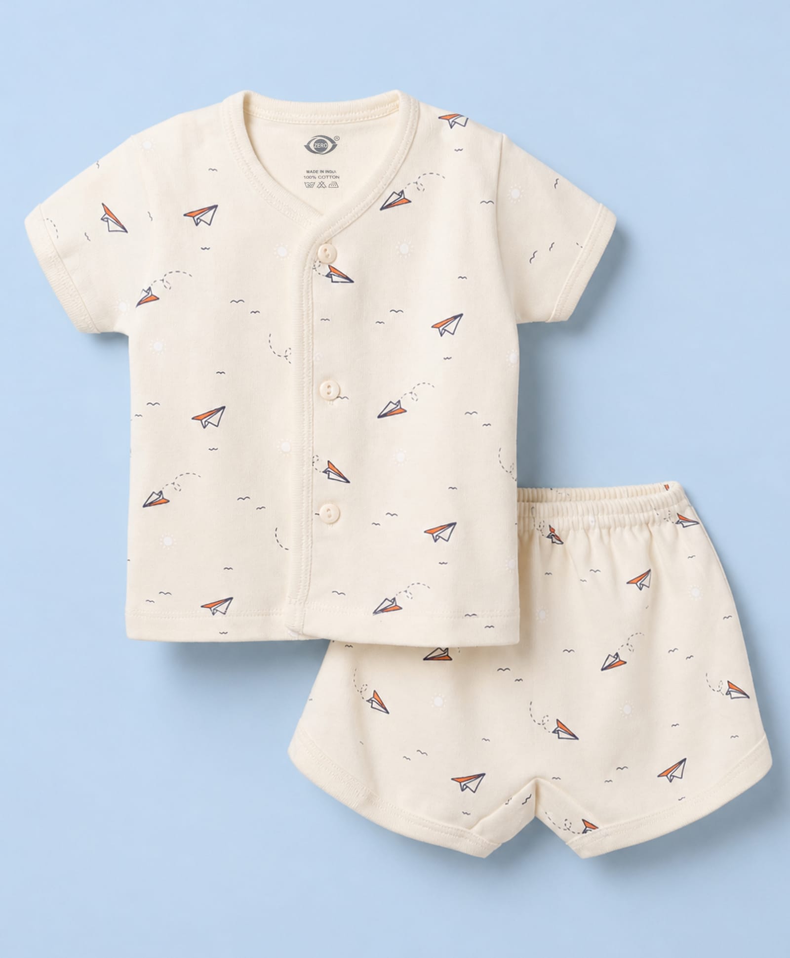 Zero Sinker Knit Half Sleeves T-Shirt & Shorts Co-Ords Night Suit With Airplane Print - Cream-picture-27