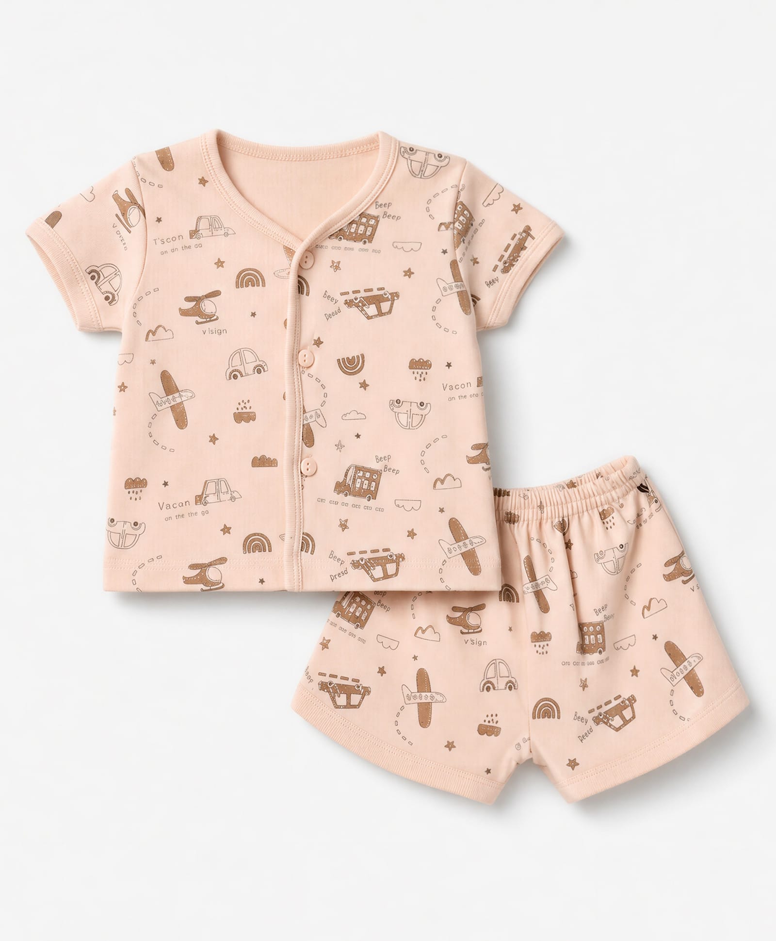 Zero Sinker Knit Half Sleeves T-Shirt & Shorts Night Suit with Vehicle Print - Peach-picture-37