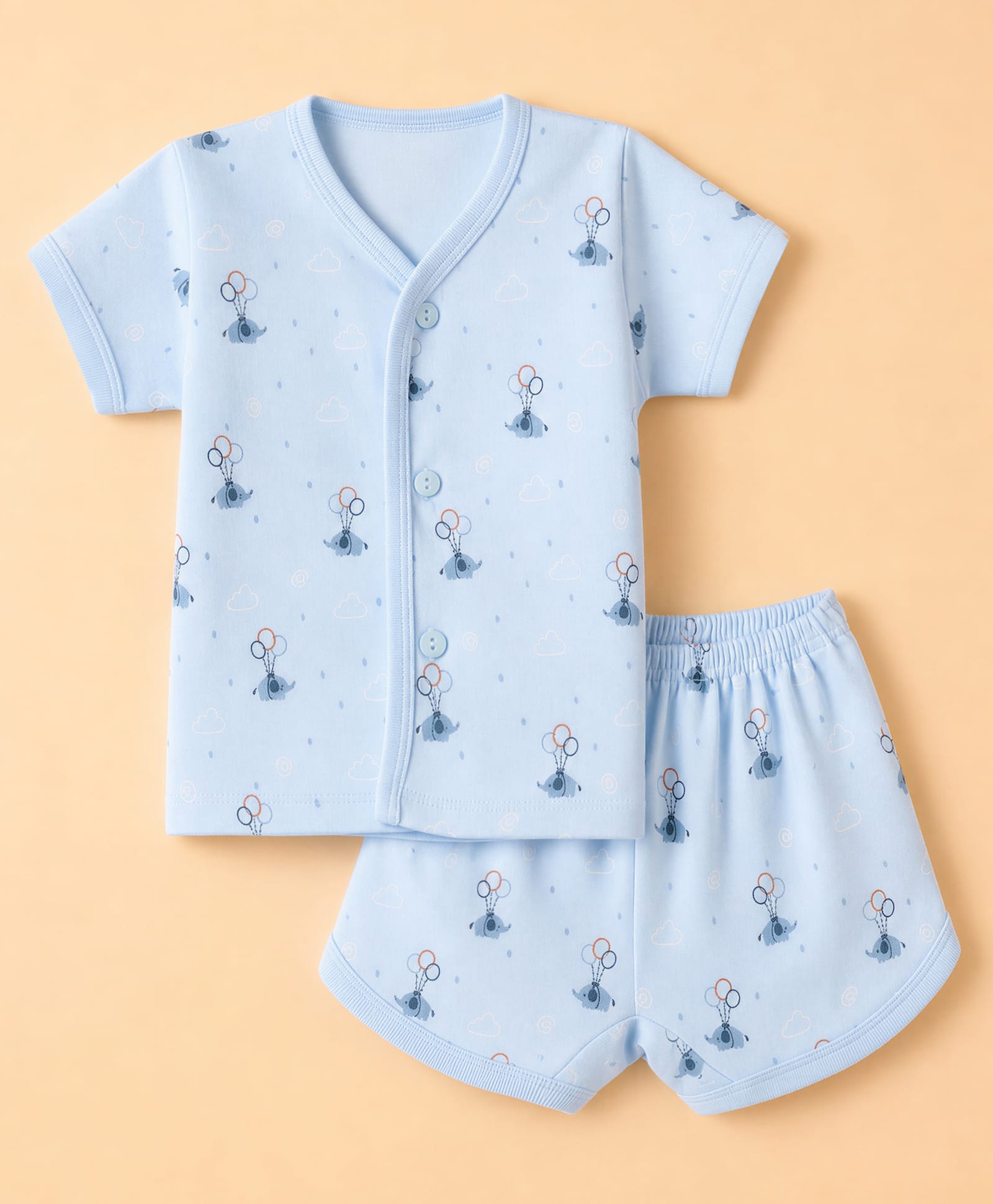Zero Sinker Knit Half Sleeves T-Shirt & Shorts Co-Ords Night Suit With Elephant Print - Blue-picture-20