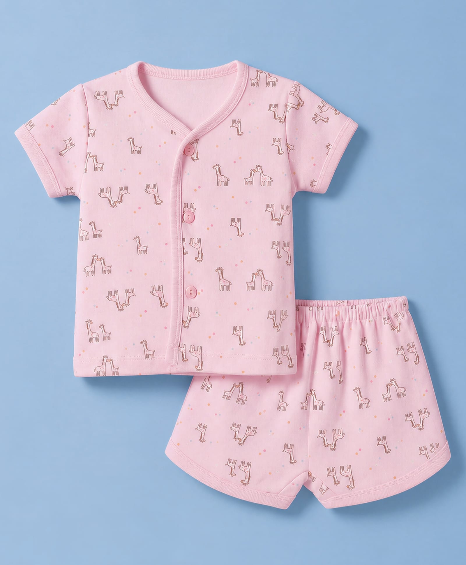 Zero Sinker Knit Half Sleeves T-Shirt & Shorts Co-Ords Night Suit With Giraffe Print - Cream-picture-49
