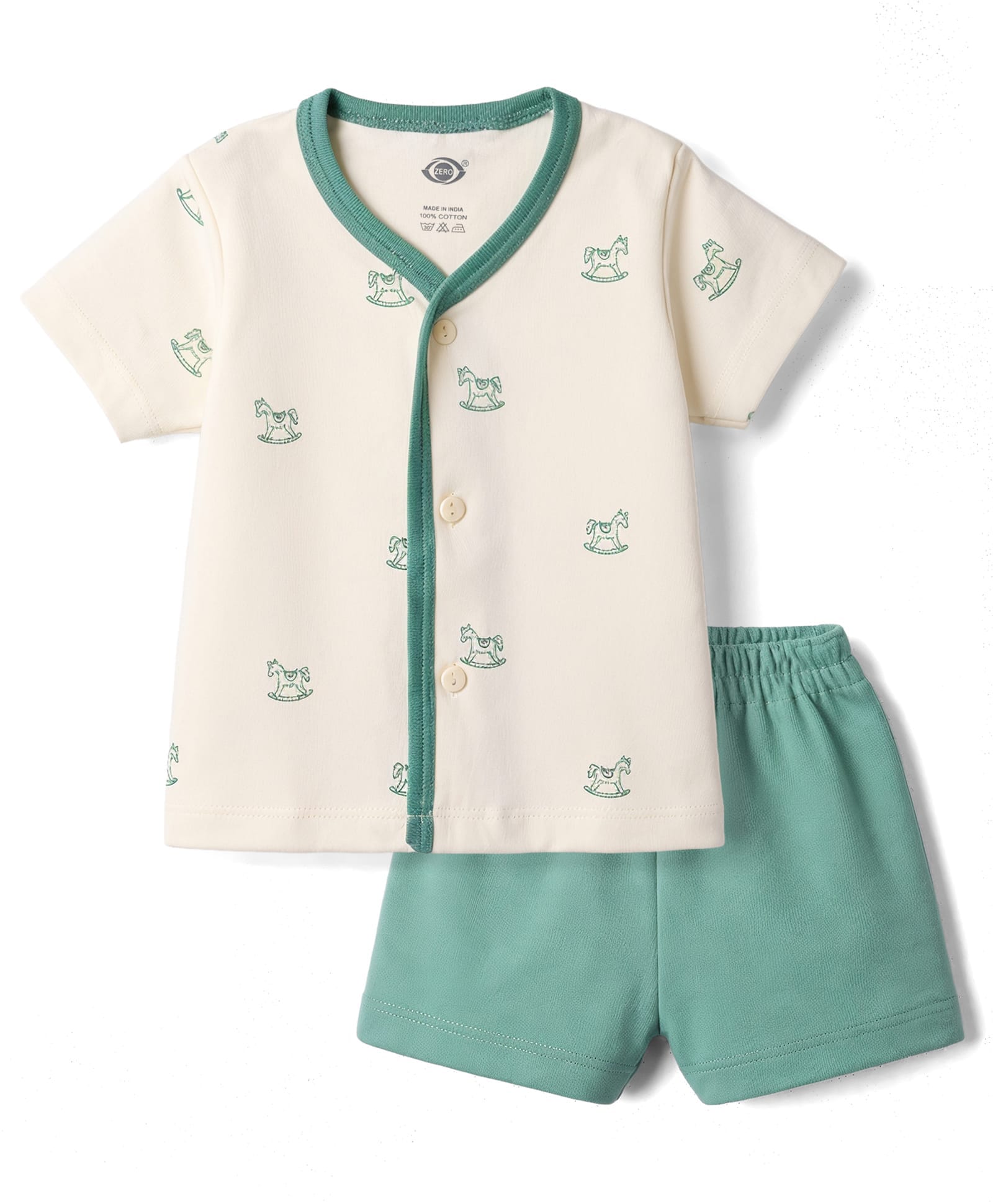 Zero Sinker Knit Half Sleeves T-Shirt & Shorts Night Suit with Horse Print - Offwhite-picture-47