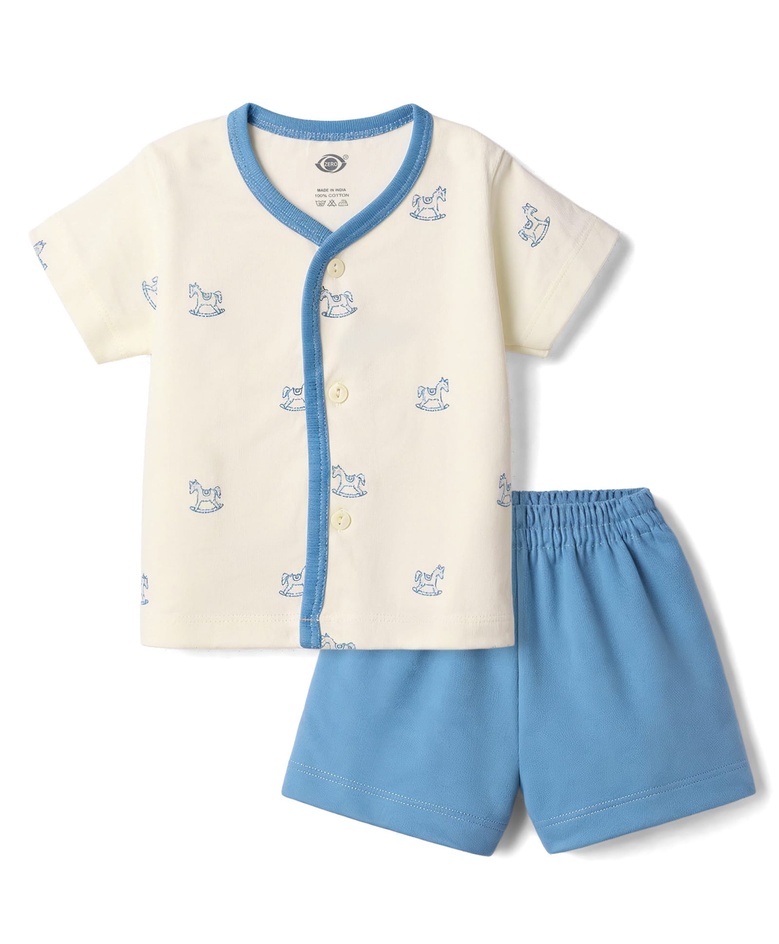 Zero Sinker Knit Half Sleeves T-Shirt & Shorts Night Suit with Horse Print - Offwhite-picture-46