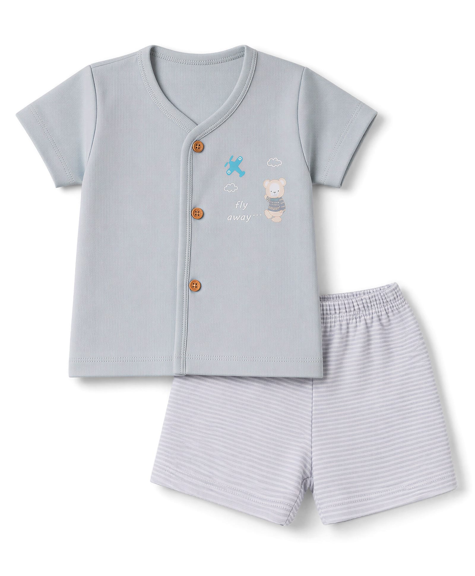 Zero Sinker Knit Half Sleeves T-Shirt & Striped Shorts Night Suit with Airplane & Bear Print - Silver-picture-13