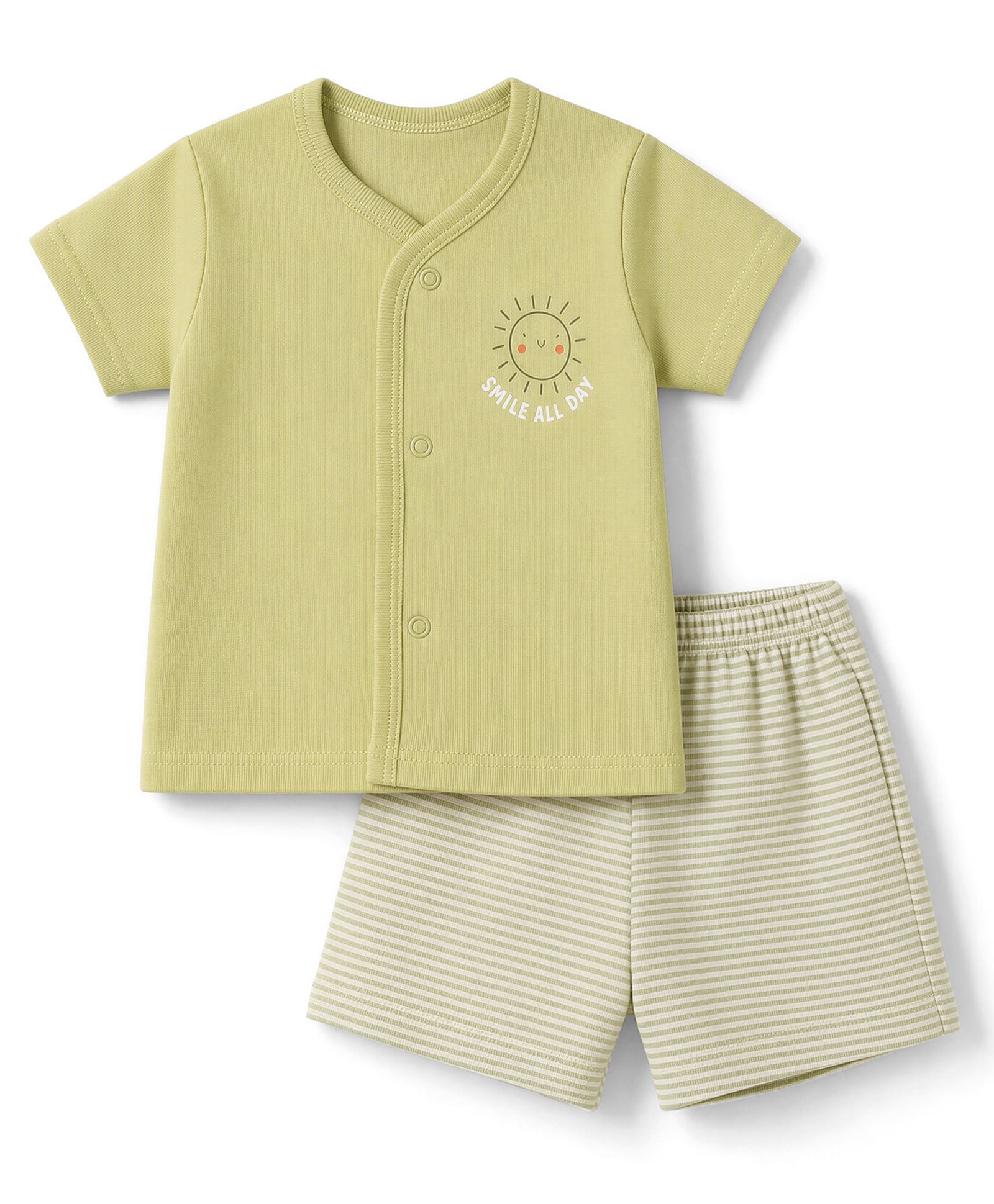 Zero Sinker Knit Half Sleeves T-Shirt & Striped Shorts Night Suit with Smile All Day Print - Olive Green-image-41