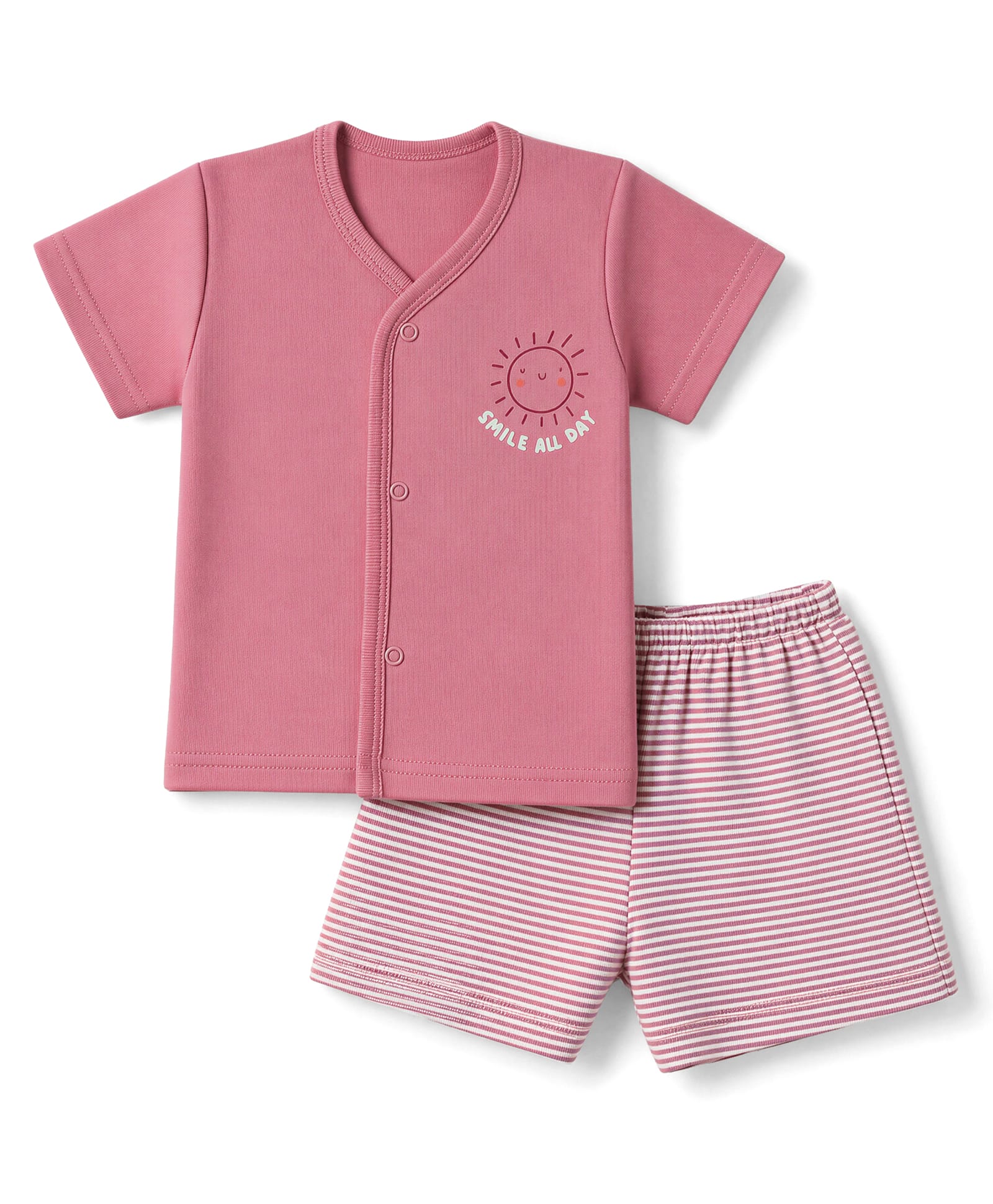 Zero Sinker Knit Half Sleeves T-Shirt With Sun Print & Striped Shorts Night Suit - Light Pink-image-5