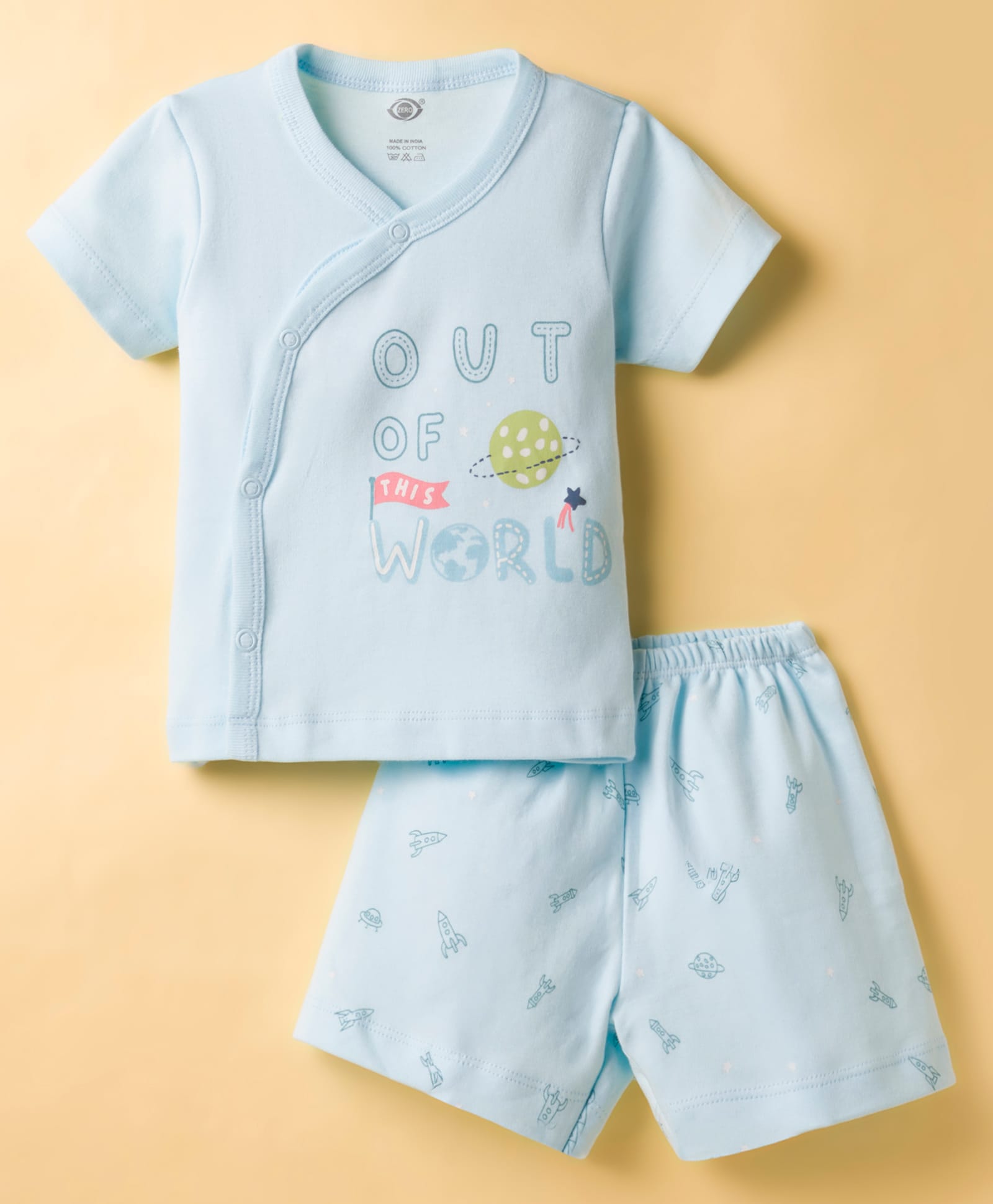 Zero Sinker Knit Half Sleeves T-Shirt & Shorts Night Suit With Out Of The World & Space Print - Light Blue-picture-47