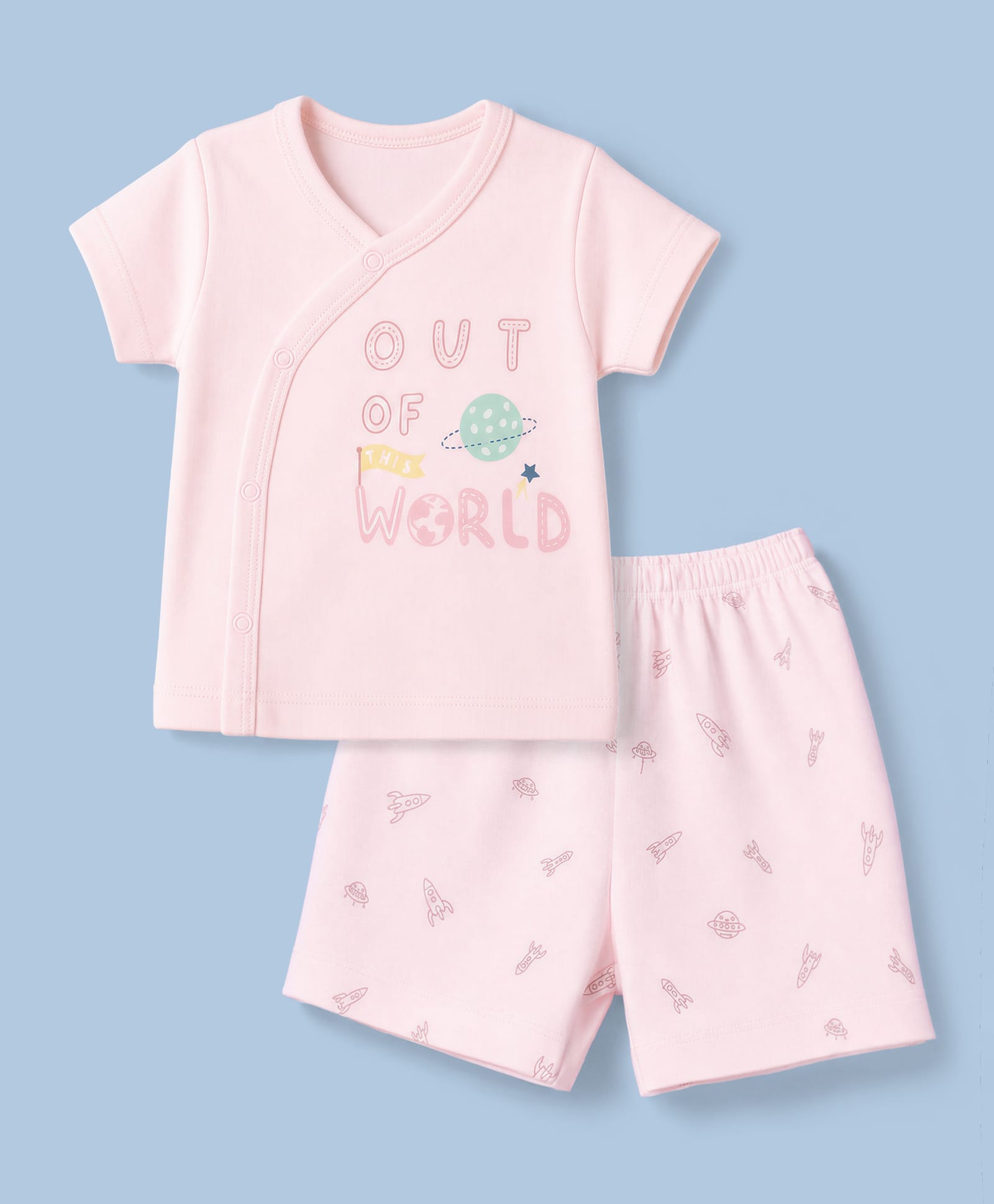 Zero Sinker Knit Half Sleeves T-Shirt & Shorts Night Suit with Space & Text Print - Peach-picture-19