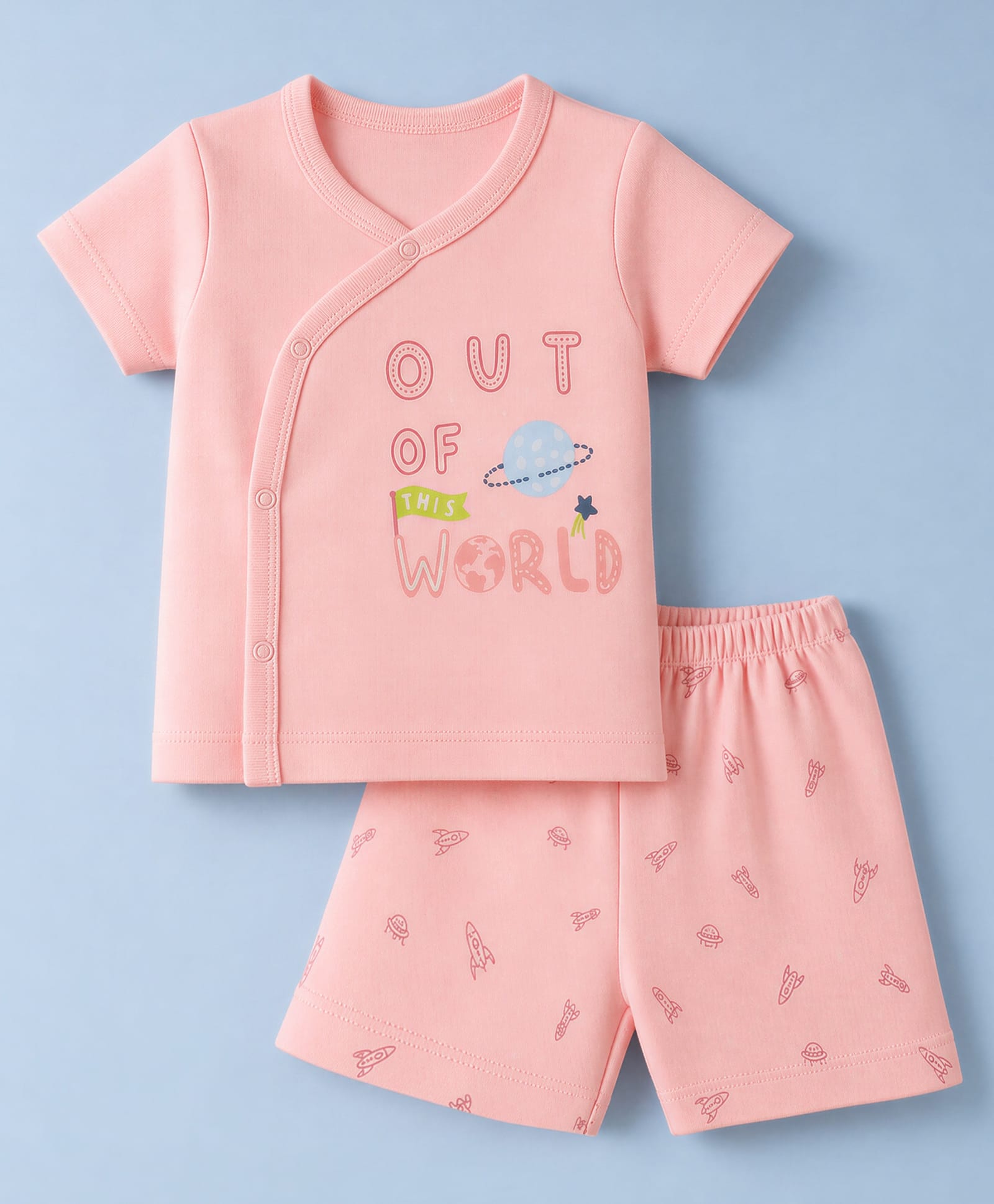 Zero Sinker Knit Half Sleeves T-Shirt With Out Of The World Text Print & Space Printed Shorts Night Suit - Pink-image-35