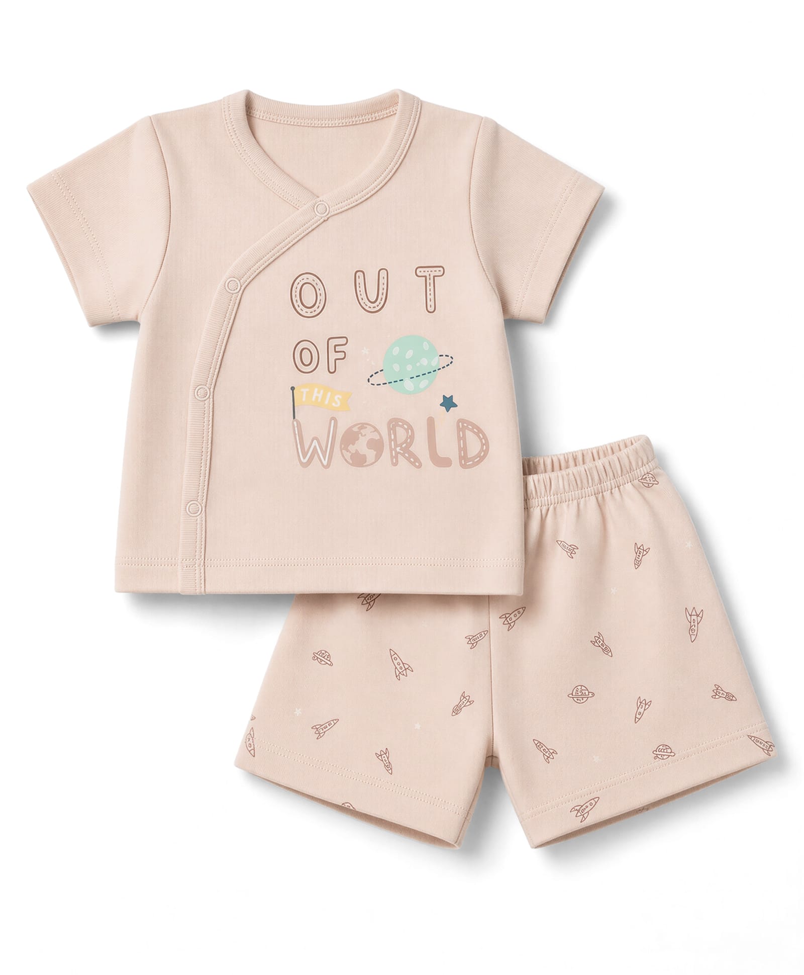 Zero Sinker Knit Full Sleeves T-Shirt & Shorts with Out of the World & Space Print - Beige-picture-26