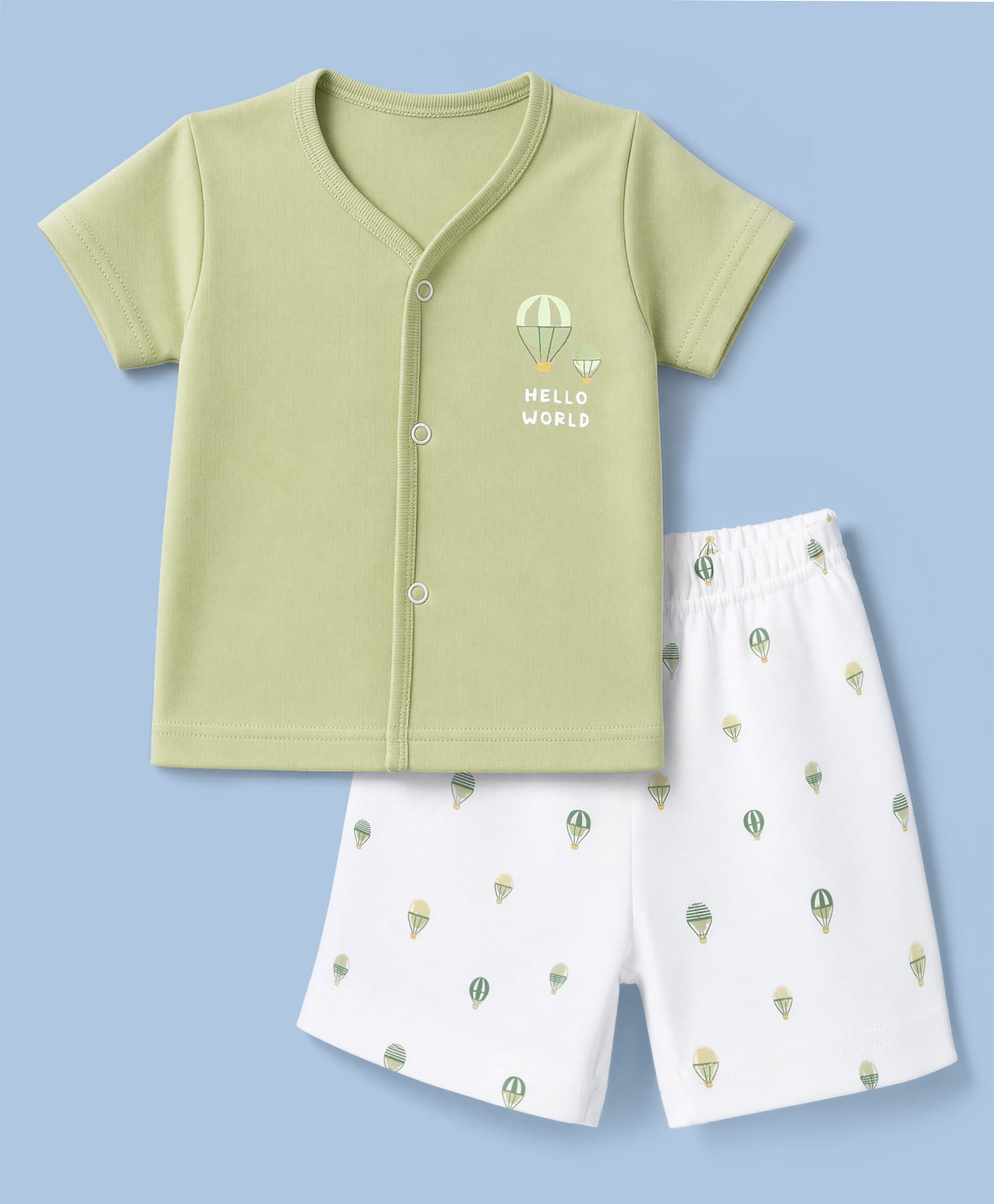 Zero Sinker Knit Full Sleeves T-Shirt & Shorts Night Suit with Hello World & Air Balloon Print - Light Green-picture-43