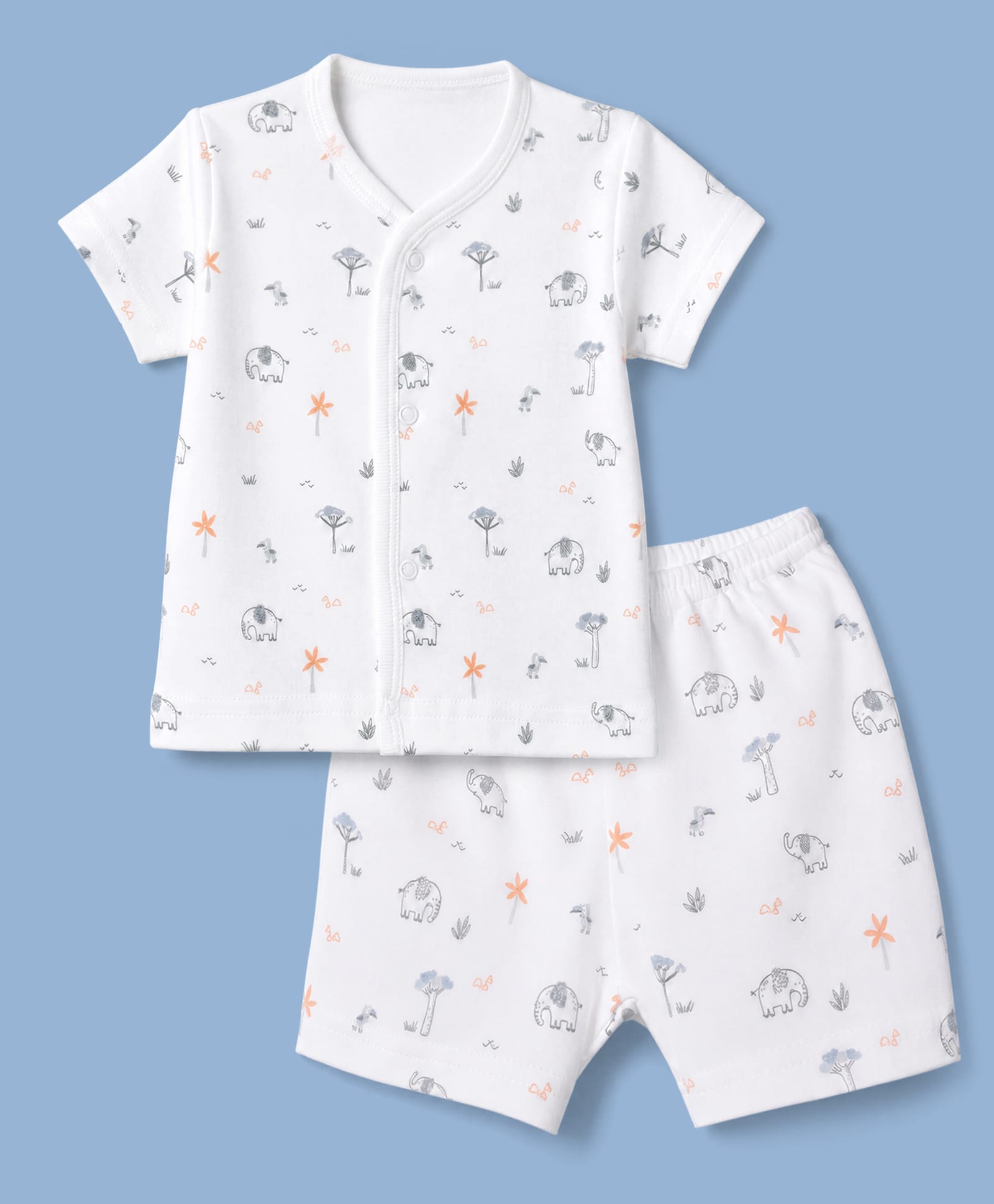 Zero Sinker Knit Full Sleeves Co-Ords T-Shirt & Shorts Night Suit with Elephant & Tropical Print - White-picture-19