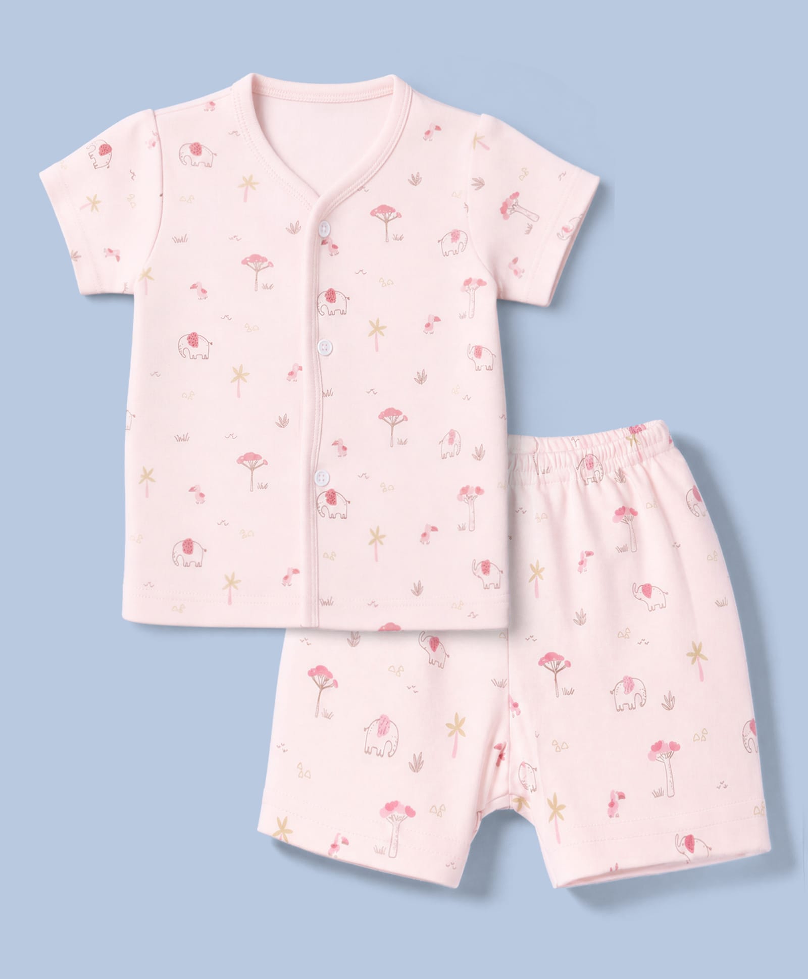 Zero Sinker Knit Full Sleeves Co-Ords T-Shirt & Shorts Night Suit with Elephant & Tropical Print - Pink-picture-41