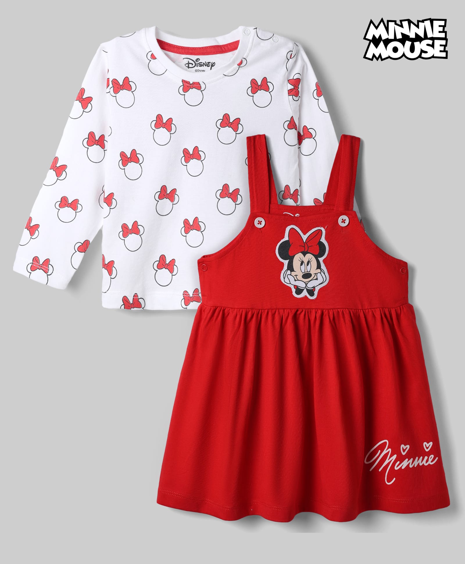 Babyhug Disney Single Jersey Knit Full Sleeves Frock With Inner Tee and Minnie Mouse Graphic - Red & White-image-5