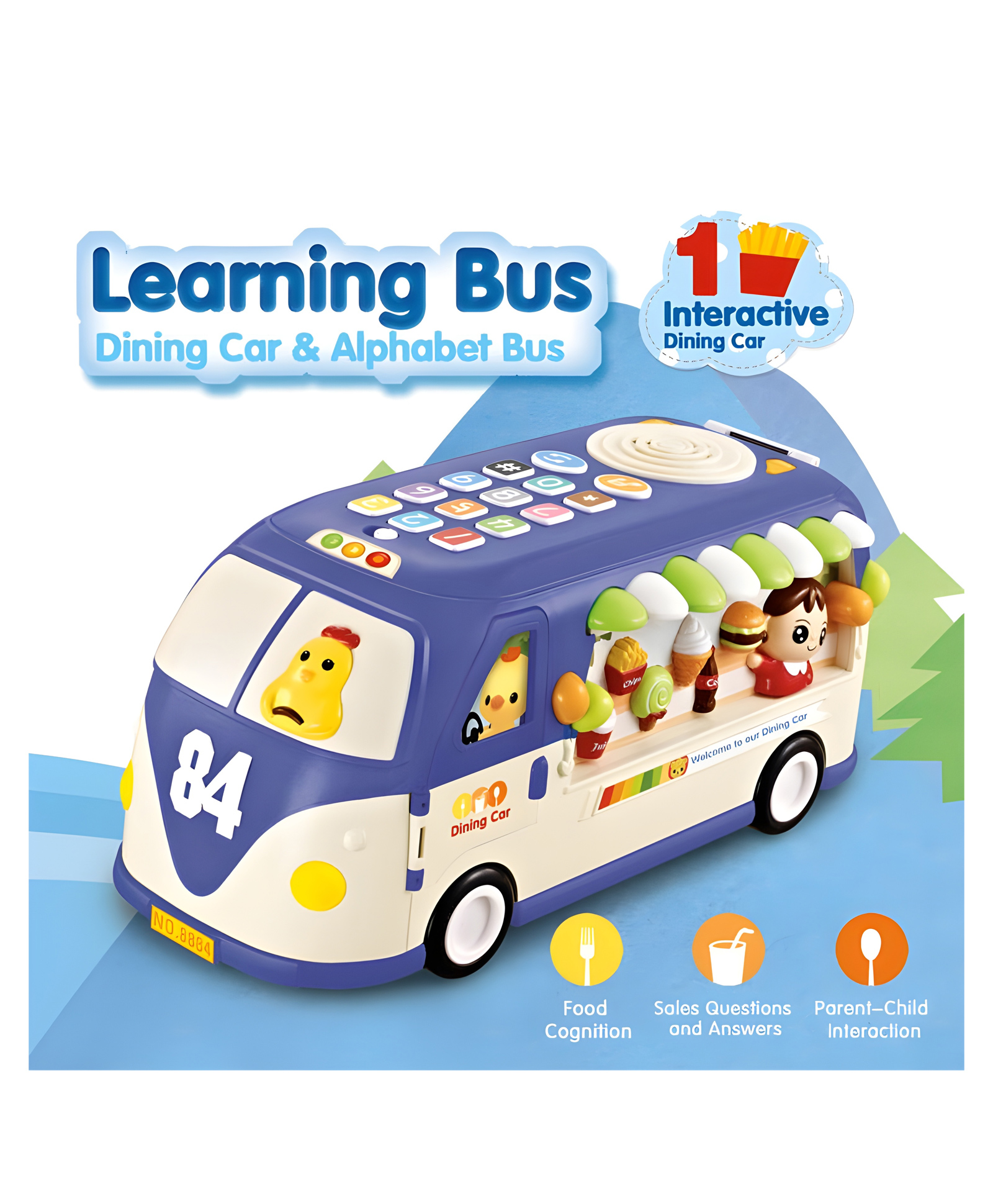 YAMAMA Musical Bus Toys for Kids, Electronic Dining Car, Alphabet and Number Baby Educational Learning Cartoon Bus with Music Piano, Shape Sorting Toys, Interactive Dining Car Toy - Multicolor-image-36