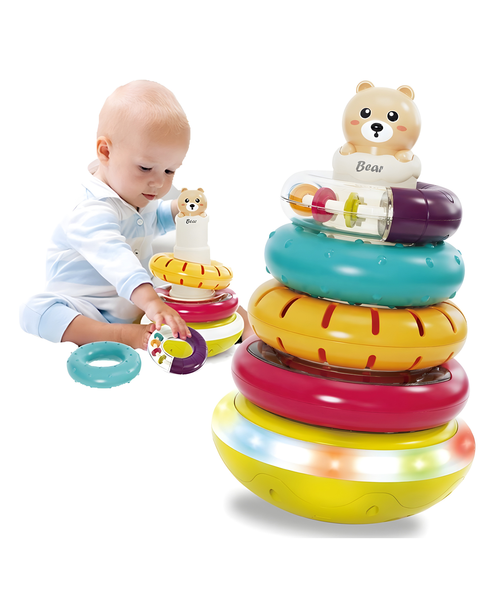 YAMAMA Bear Design Dynamic Rotating Rainbow Stacking Rings Toy with Lights and Music, Interactive Sensory Baby Toys, Musical Tumbler Rattle Toys for Kids - Multicolor-image-11