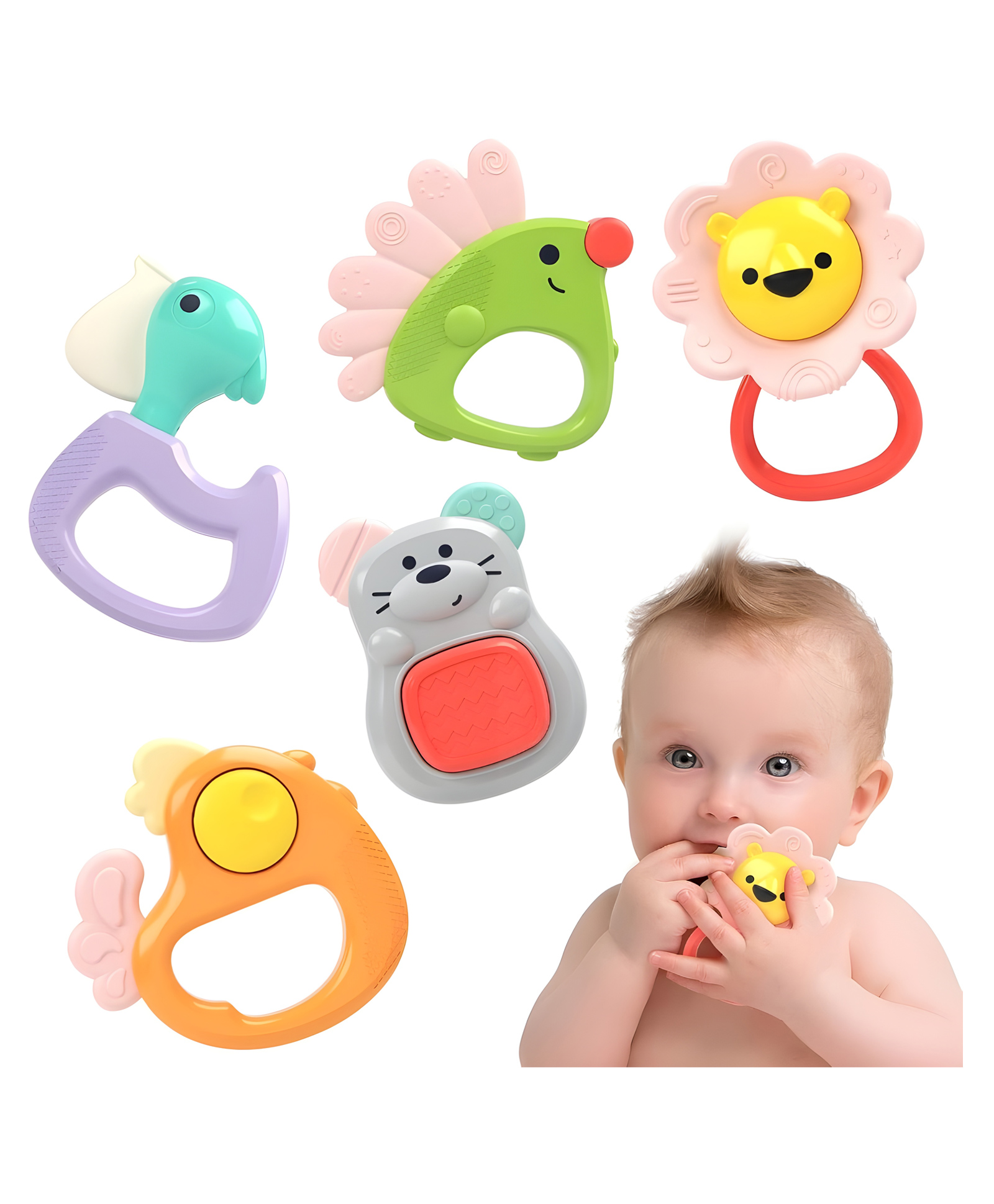 YAMAMA 5 Pcs Baby Rattle Teething Toys for Babies, Grab Shaker and Spin Rattle Toy, Early Educational Teether Toys with Storage Box, Gifts Set for Toddler Infant Newborn Baby - Multicolor-picture-26