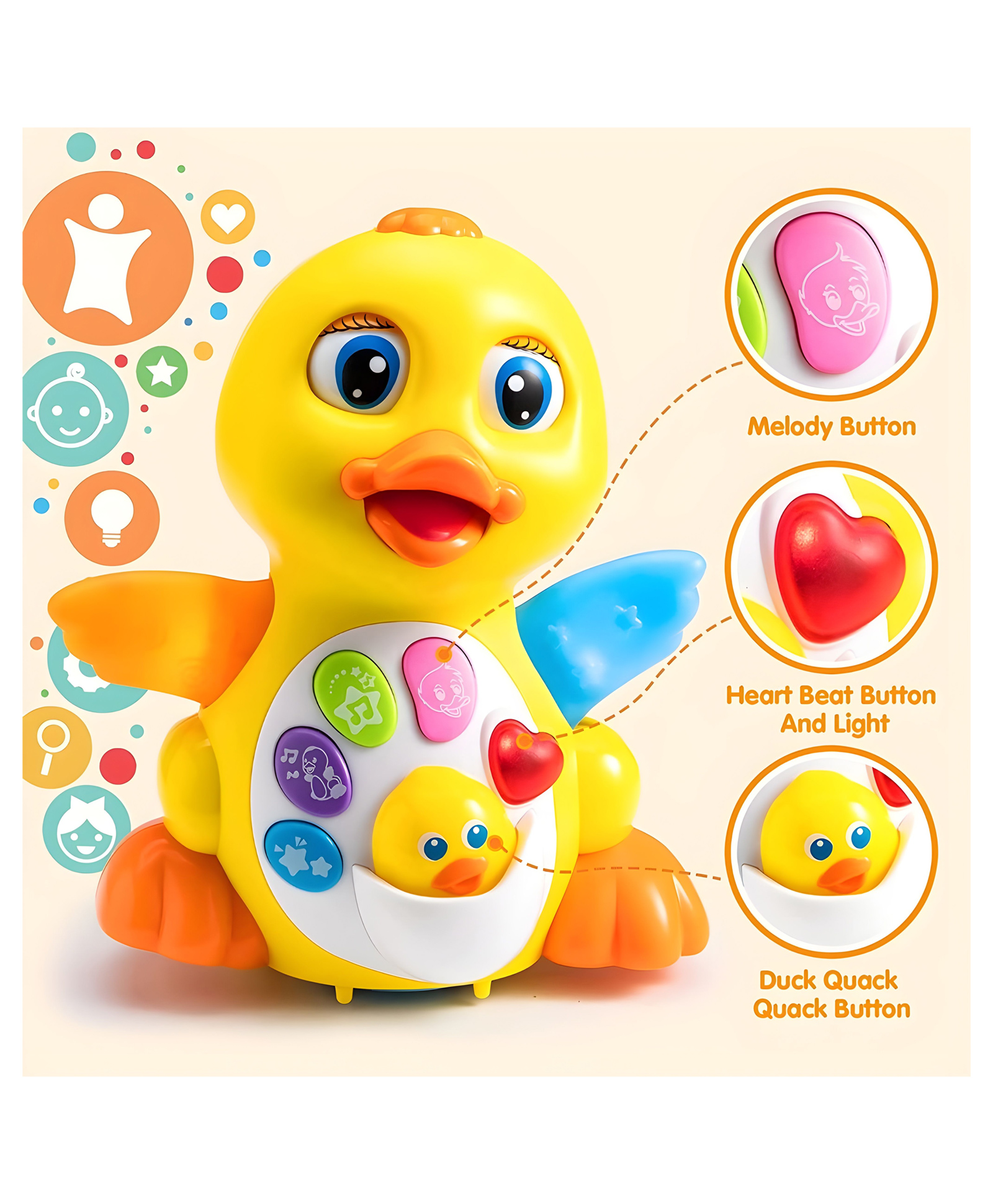YAMAMA Flapping Dancing Duck Toys With Lights And Music, Cute Duck Dances, Light Up Infant Learning Toys for Kids, Educational Baby Swing Electric Walking Musical Dancing Duck Toys - Multicolor-image-42