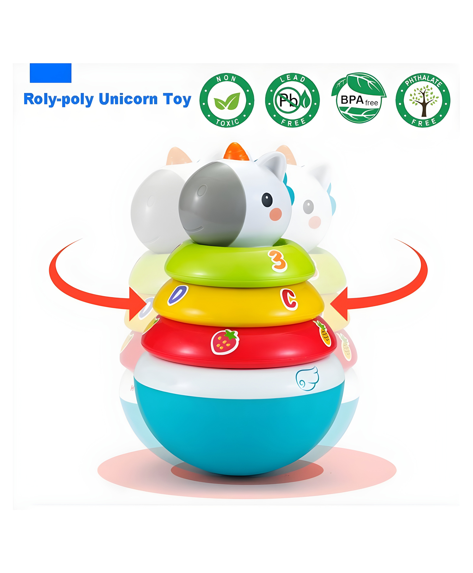 YAMAMA Roly Poly Unicorn Colorful Ring Stacking Up Toys for Kids, Early Educational Developmental Tumbler Montessori Baby Toys For Babies And Kids - Multicolor-image-7
