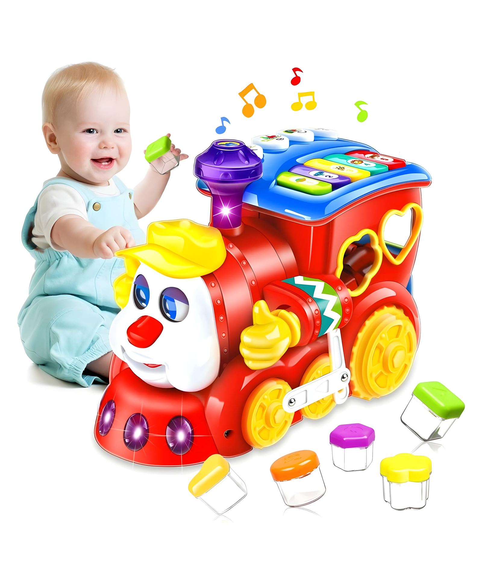 YAMAMA Musical Learning Loco Train Toy with 360° Rotating Universal Wheel, 4 Play Modes, 5 Piano Keys, Shape Sorting, Lights & Music, Fun and Educational Locomotive Train Toy for Kids - Multicolor-image-22