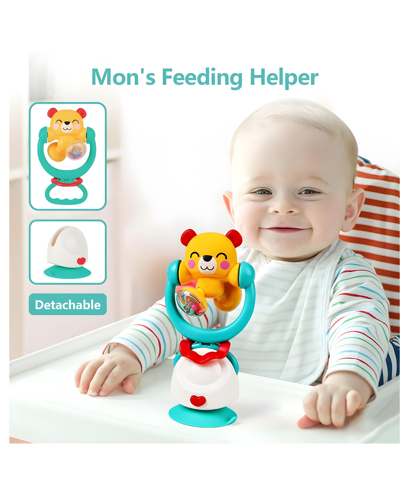 YAMAMA 2 in 1 Kung Fu Bear Highchair Rattle Toys, Baby Suction Activity Toys for High Chair Feeding Time Sensory Play Toy - Multicolor-image-36