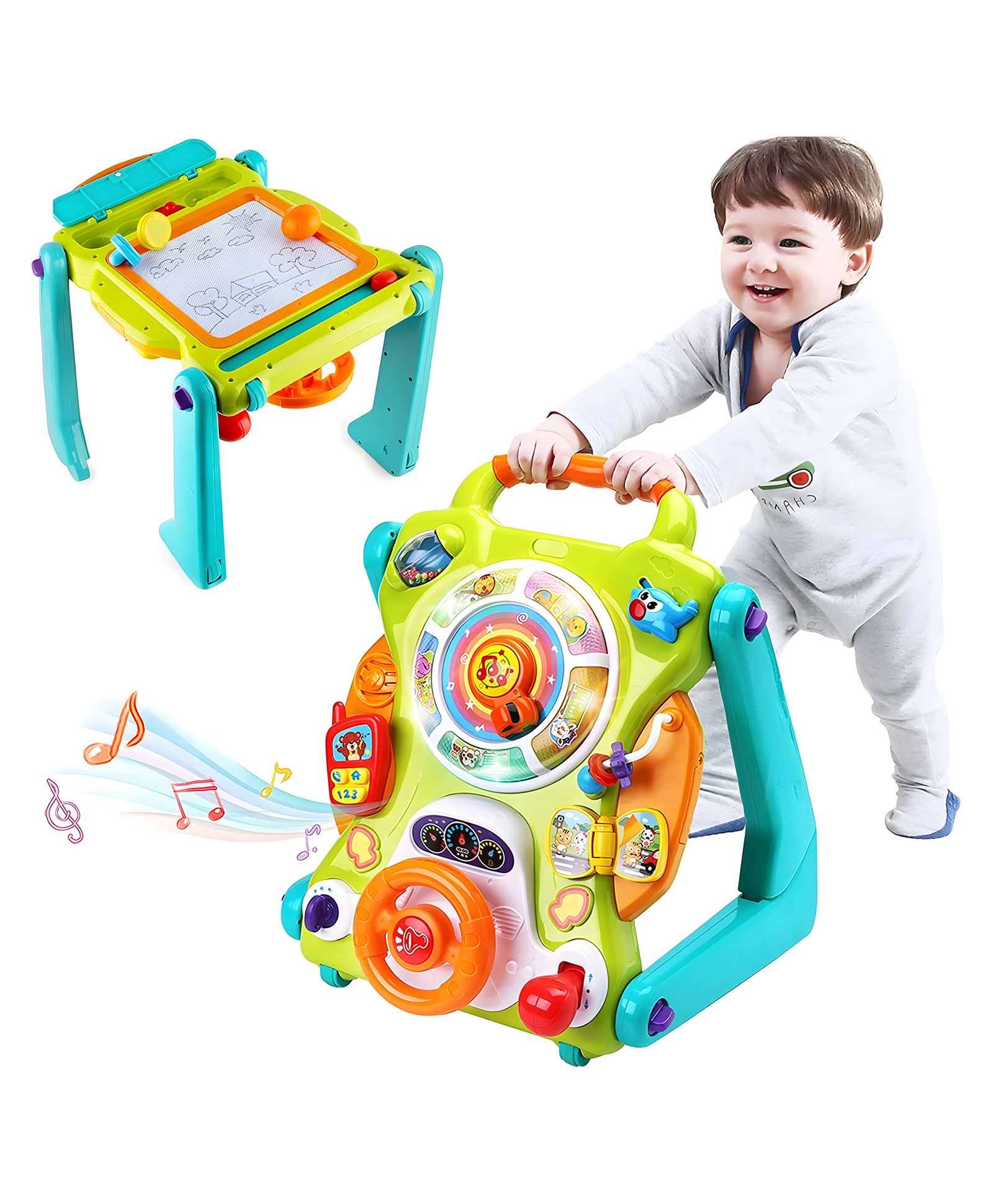 YAMAMA 3 in 1 Baby Walker Sit to Stand Toys, Kids Activity Center, Multifunctional Music Drawing Board Push Stroller, Convertible Adjustable Baby Activity Table Walker - Multicolor-image-36