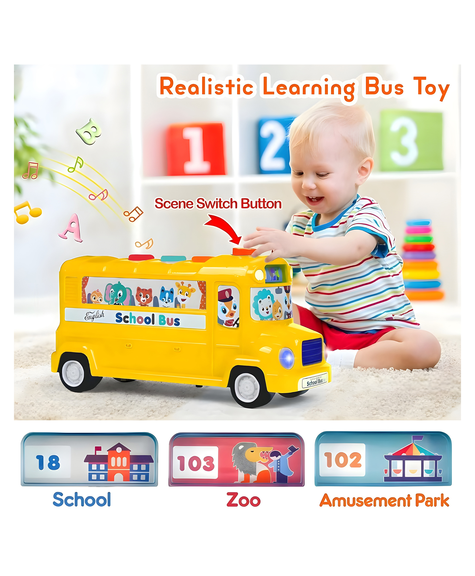 YAMAMA Musical School Bus Toys for Kids | Kids ABC Learning Intellectual School Bus Activity Toy Vehicle With Music, Sounds, And Lights | School Bus Pre School Educational Toy - Multicolor-image-5